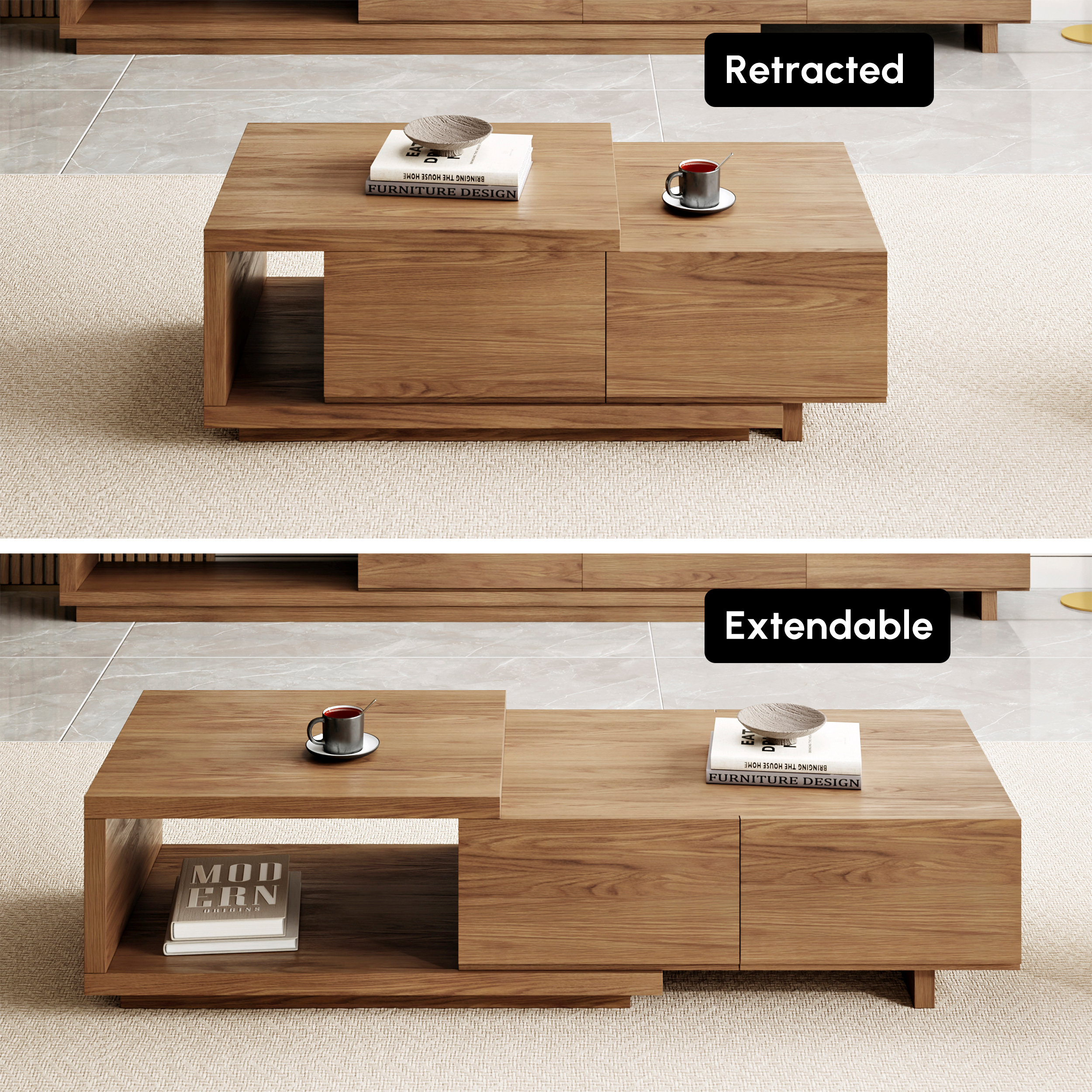 Quoint Walnut Extendable Coffee Table with 2 Drawers(1200mm-1750mm