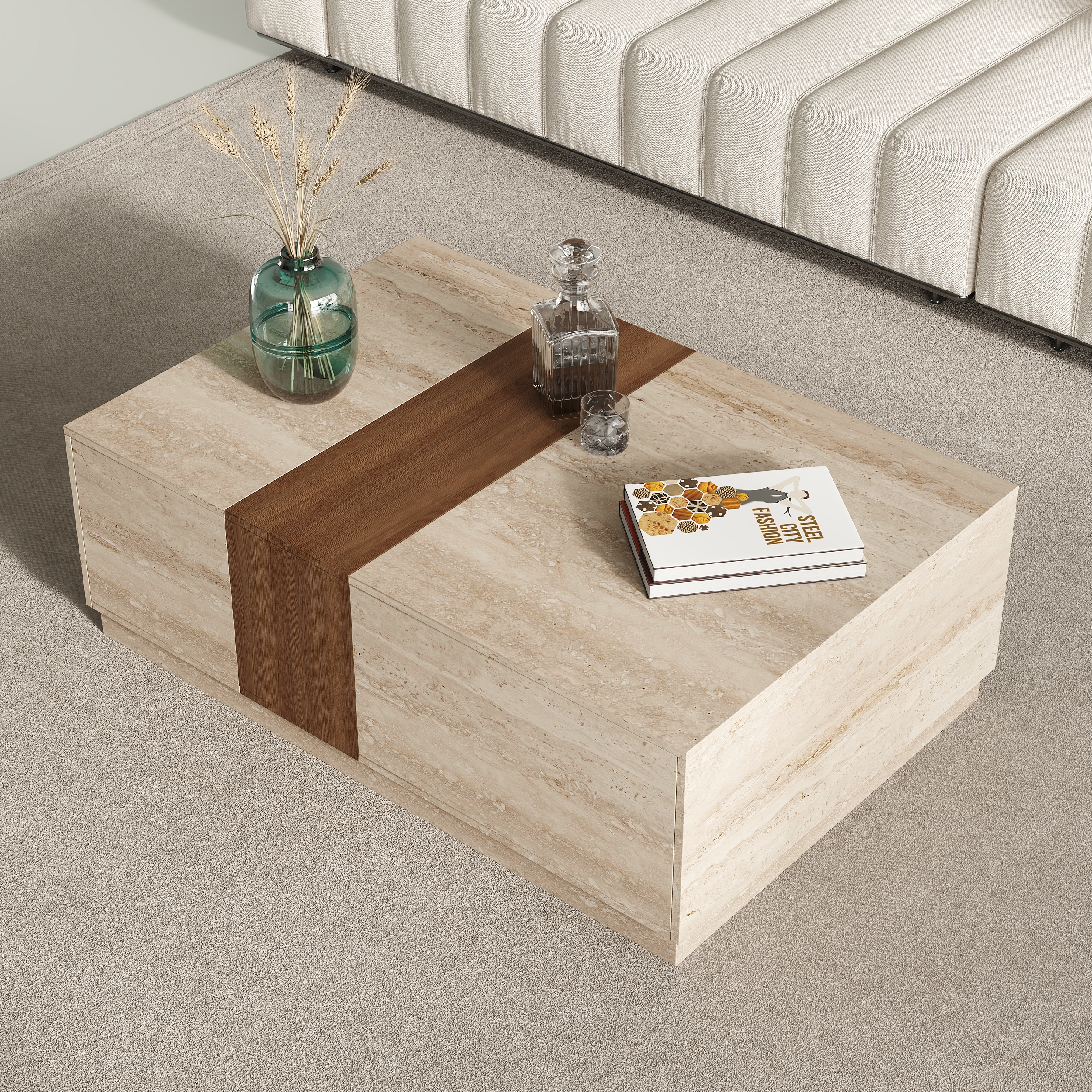 47.2" Vewal Wood Block Coffee Table Travertine Veneer in Black with 2 Drawers