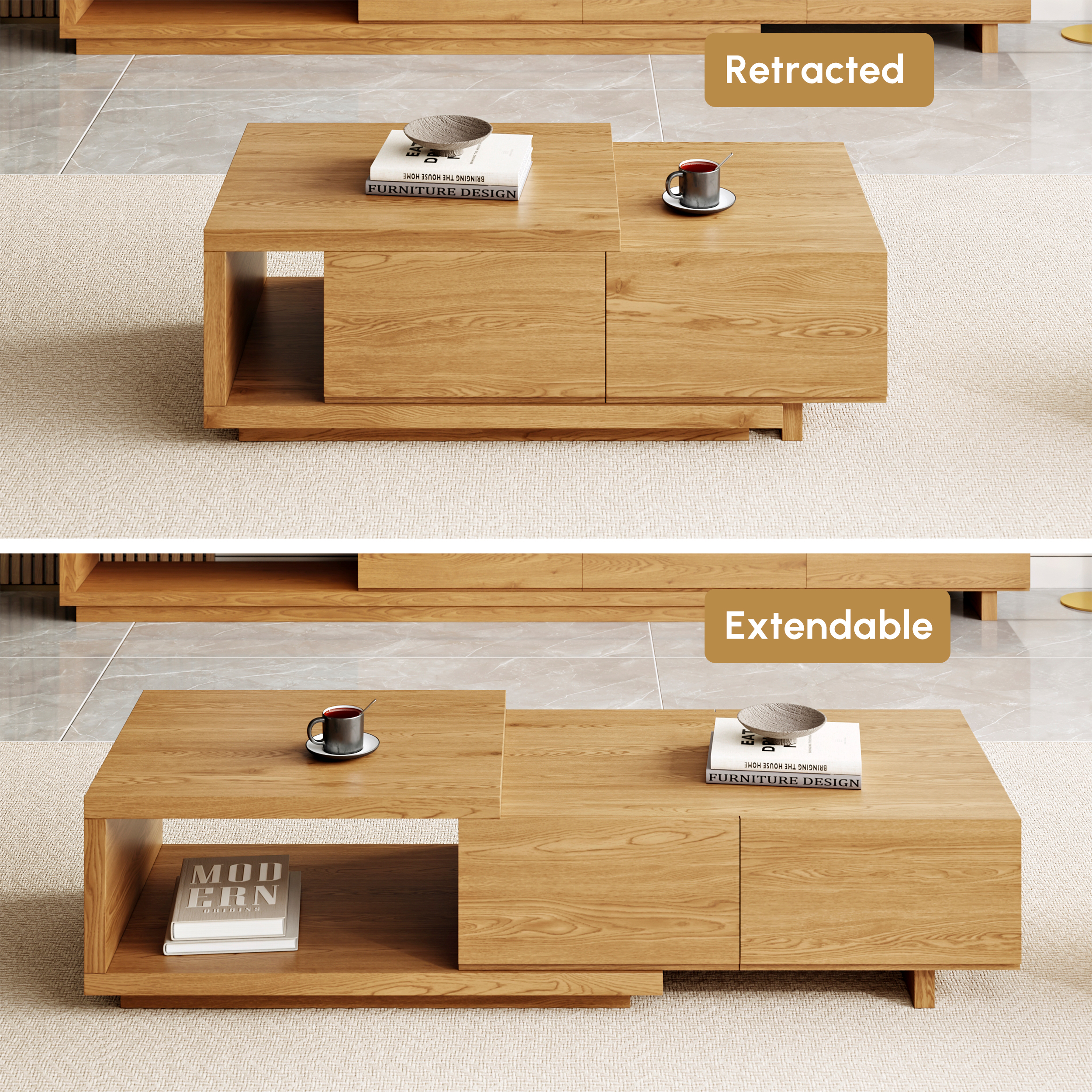 Quoint Natural Extendable Coffee Table with 2 Drawers(1200mm