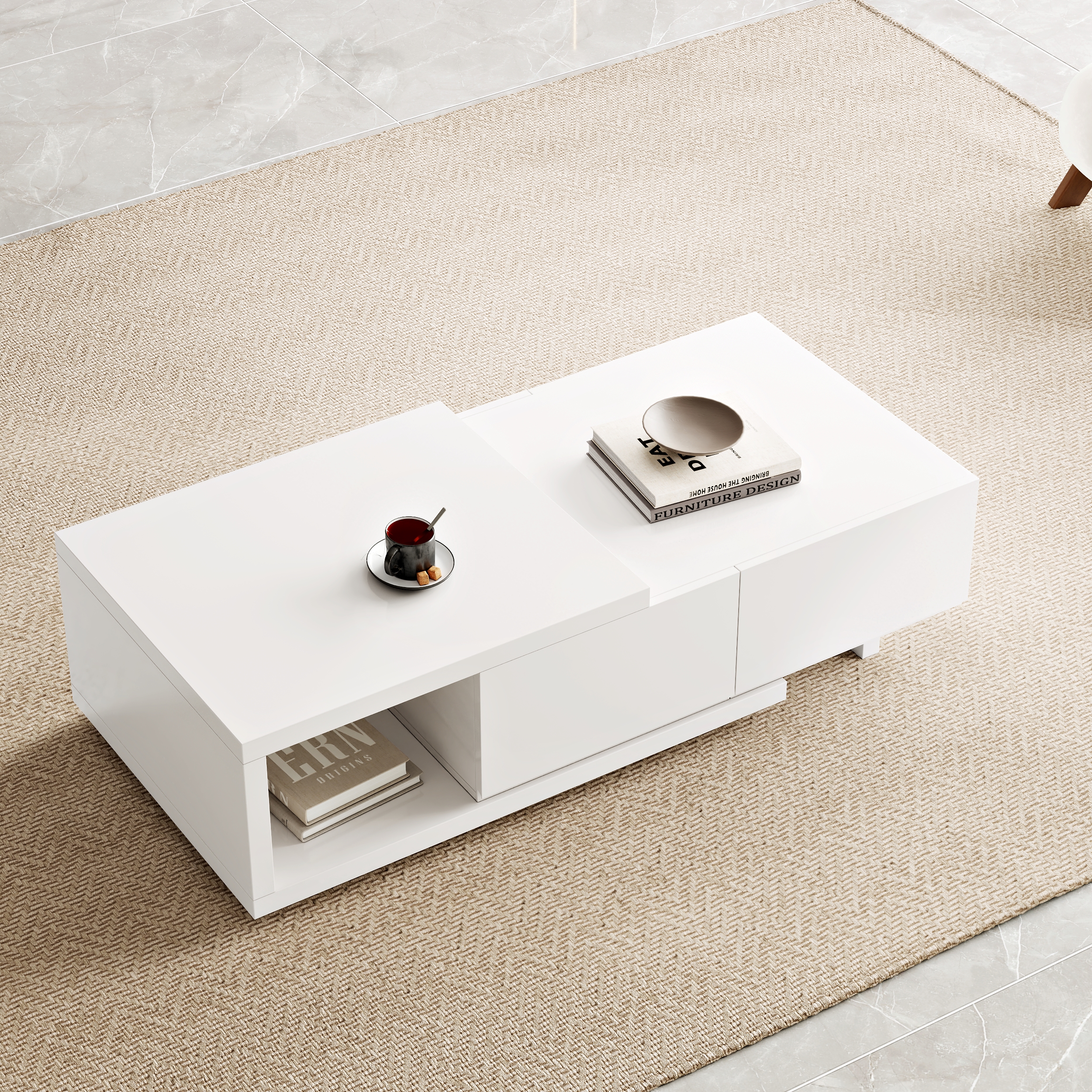 Quoint 68.9" Modern White Coffee Table Retracted & Extendable with 2-Drawer
