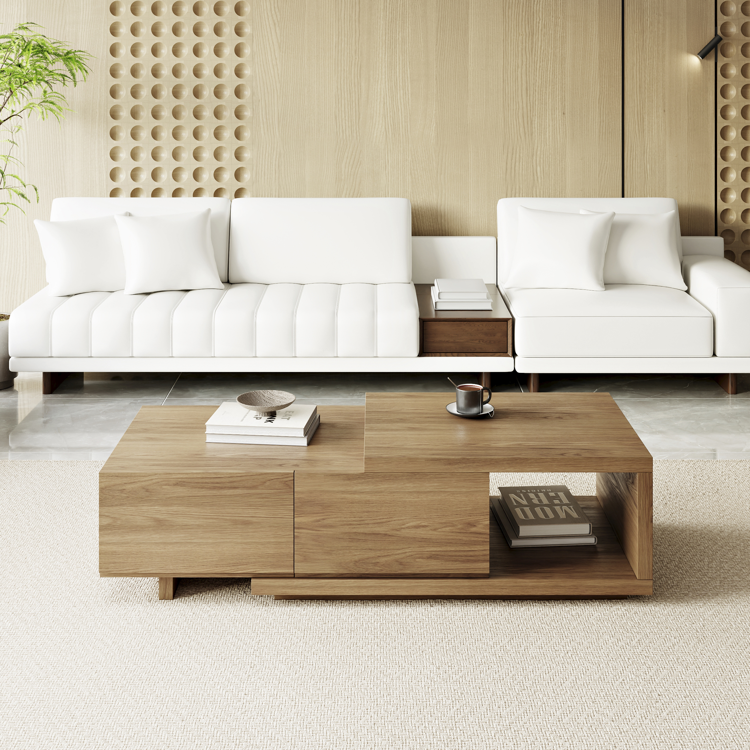 Quoint 68.9" Modern Walnut Coffee Table Retracted & Extendable with 2-Drawer