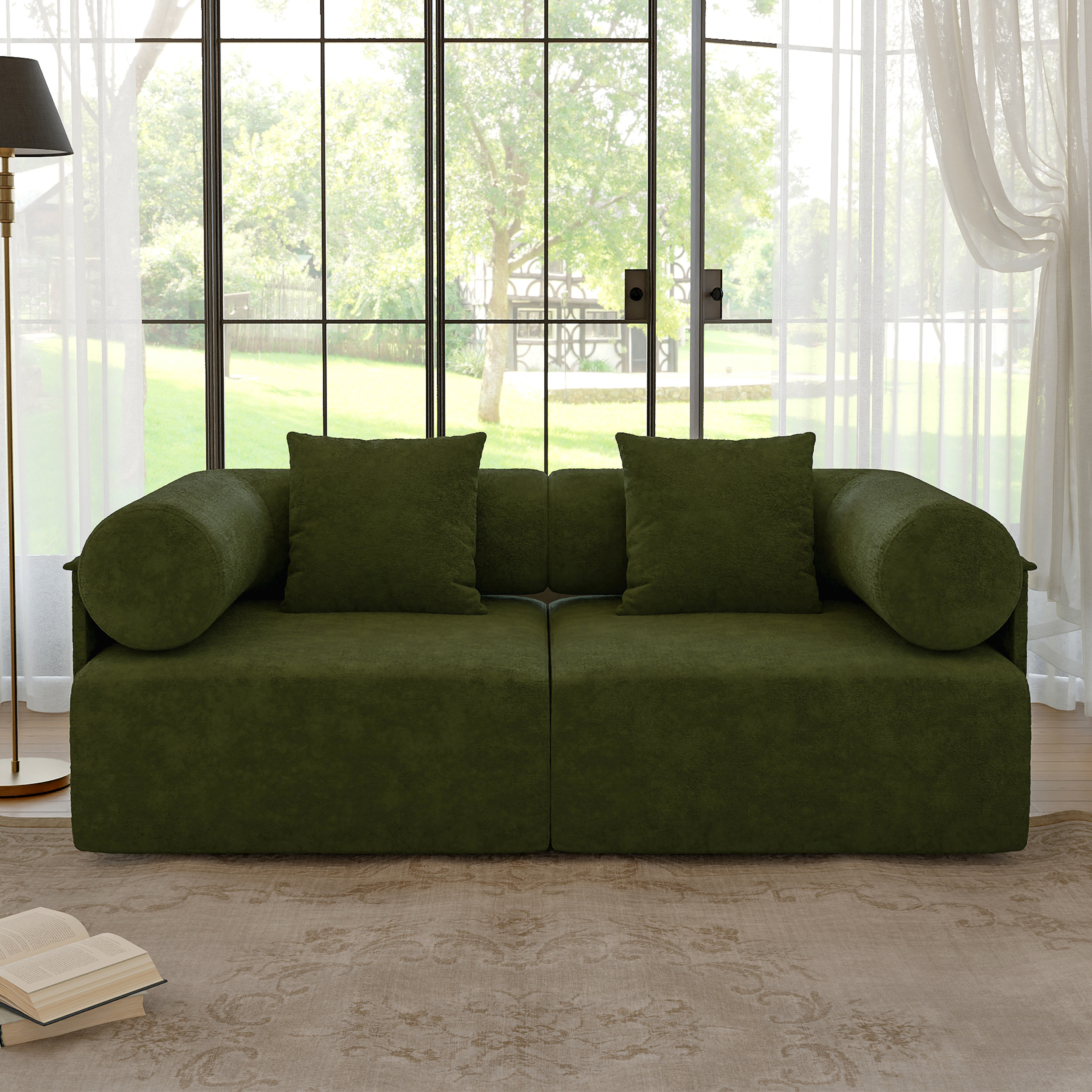 74.8" 2-Piece Modular Green Performance Chenille Velvet 2-Seater Sofa