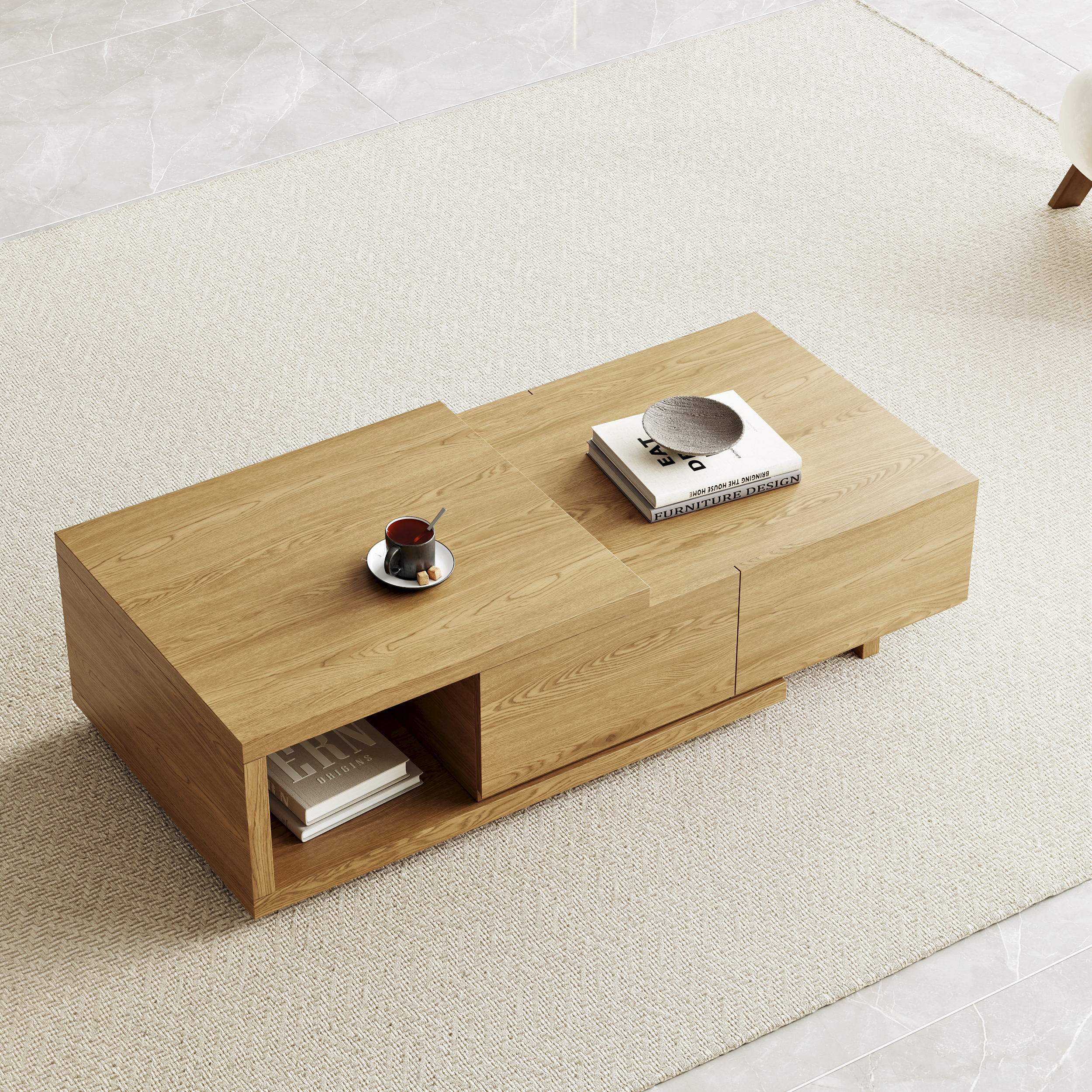 Quoint 68.9" Modern Natural Coffee Table Retracted & Extendable with 2-Drawer