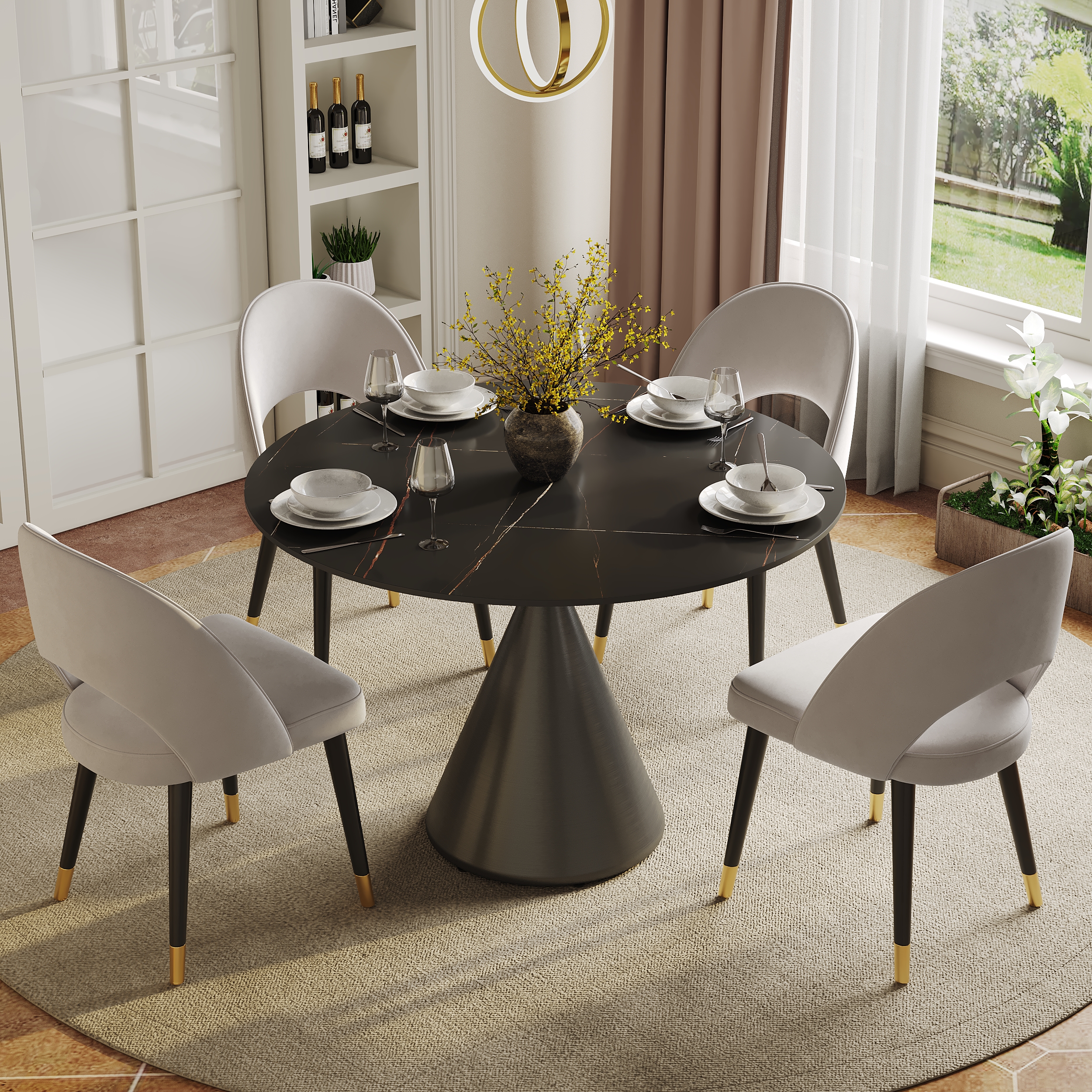 39" Pandora Faux Marble Round Dining Table with Black Base for 4 People