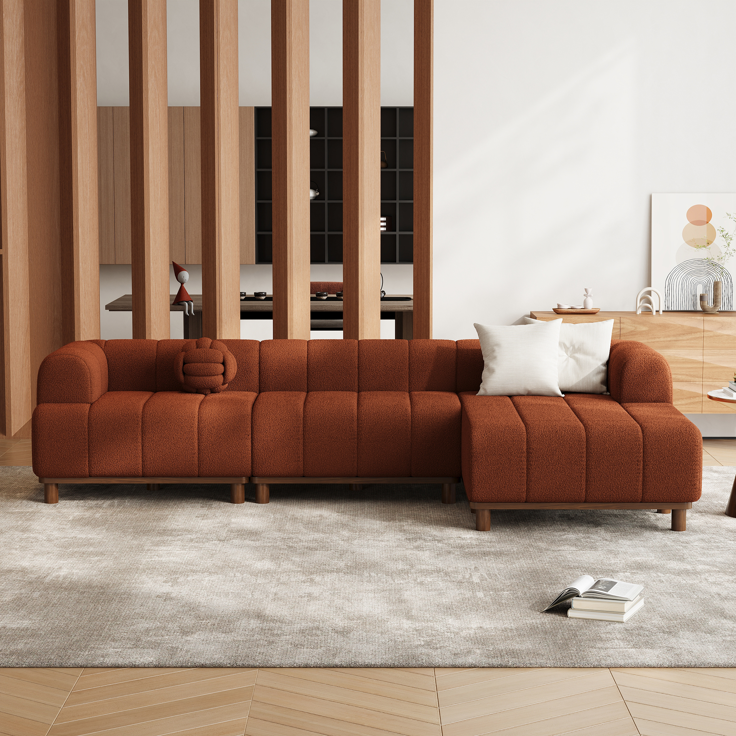 118" Boucle L-Shaped Sectional Sofa 3 Pieces White Sectional Couch wiith Wood Legs