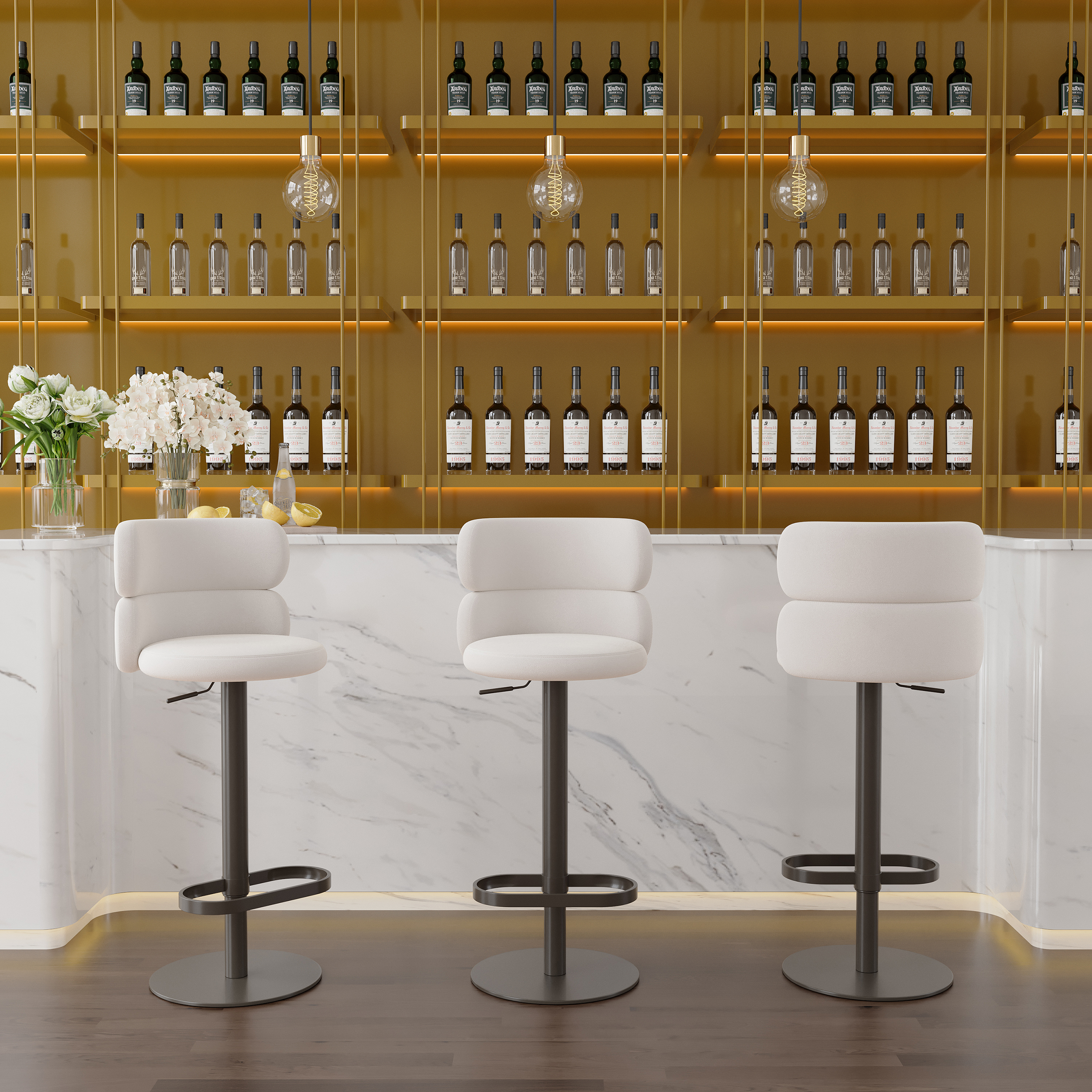 Warm White Velvet Swivel Upholstery Bar Stool with Backrest & Adjustable Black Base Counter