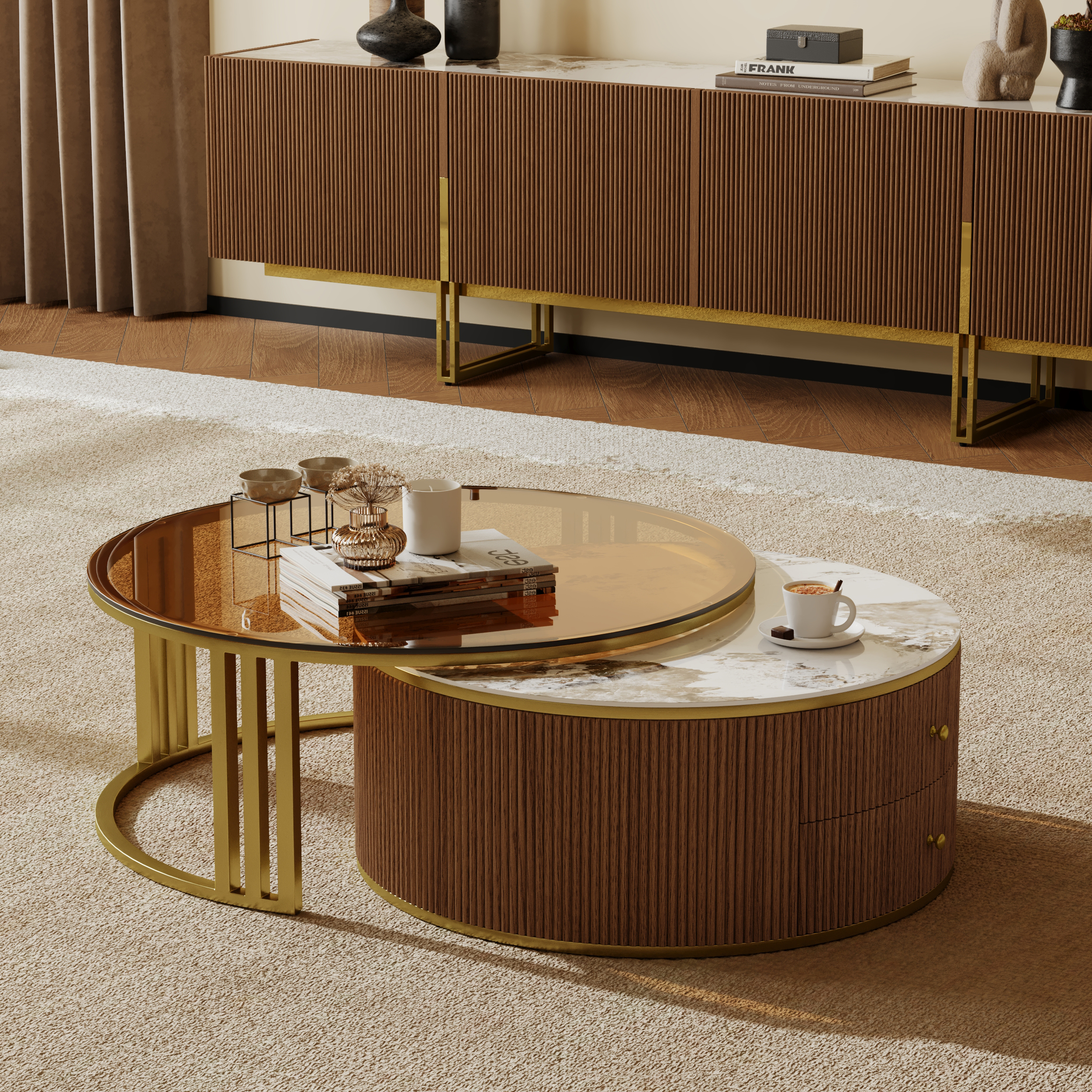 Grovyn Modern Nesting Sintered Stone Top Walnut Round Glass Coffee Table Storage