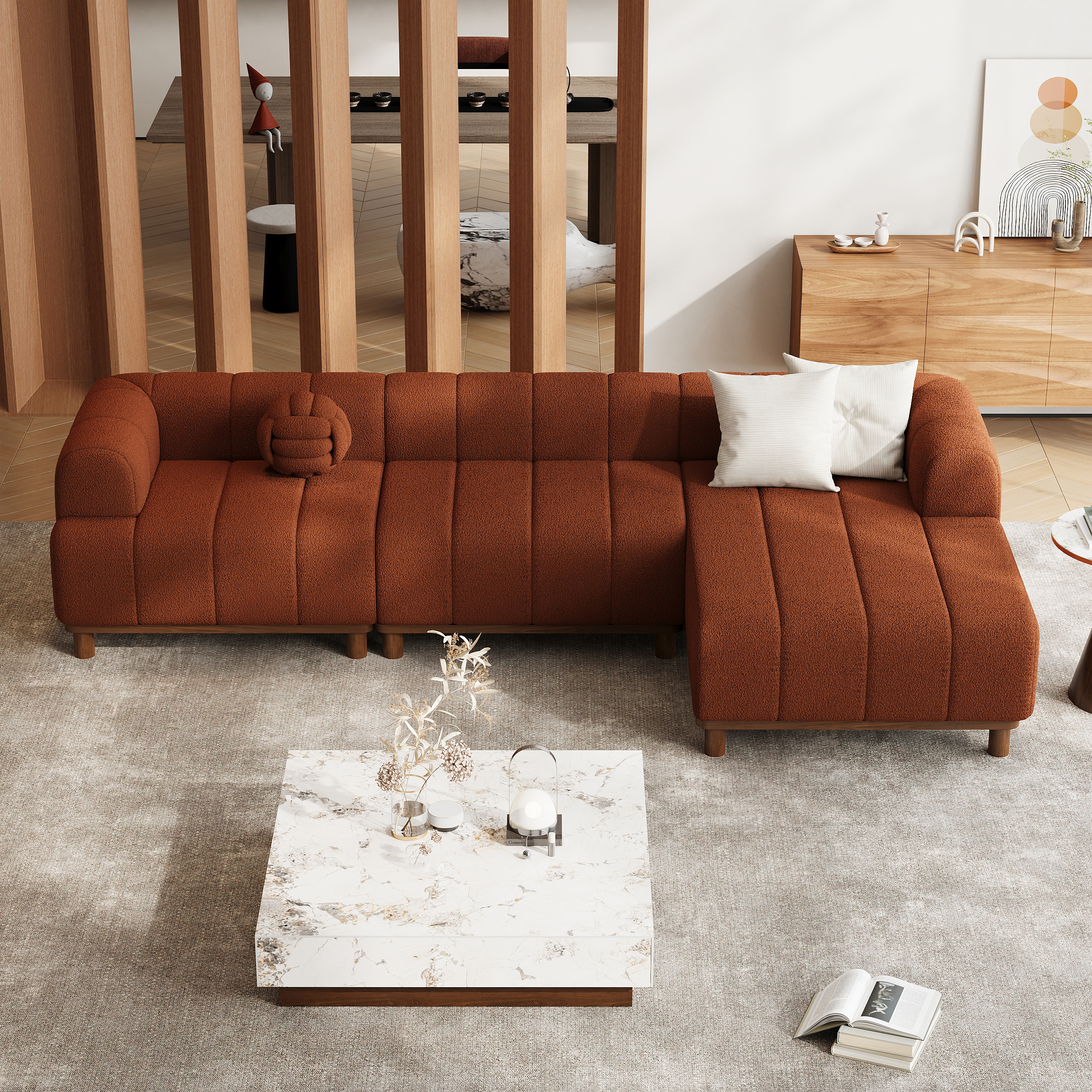 118" Boucle L-Shaped Sectional Sofa 3 Pieces White Sectional Couch wiith Wood Legs