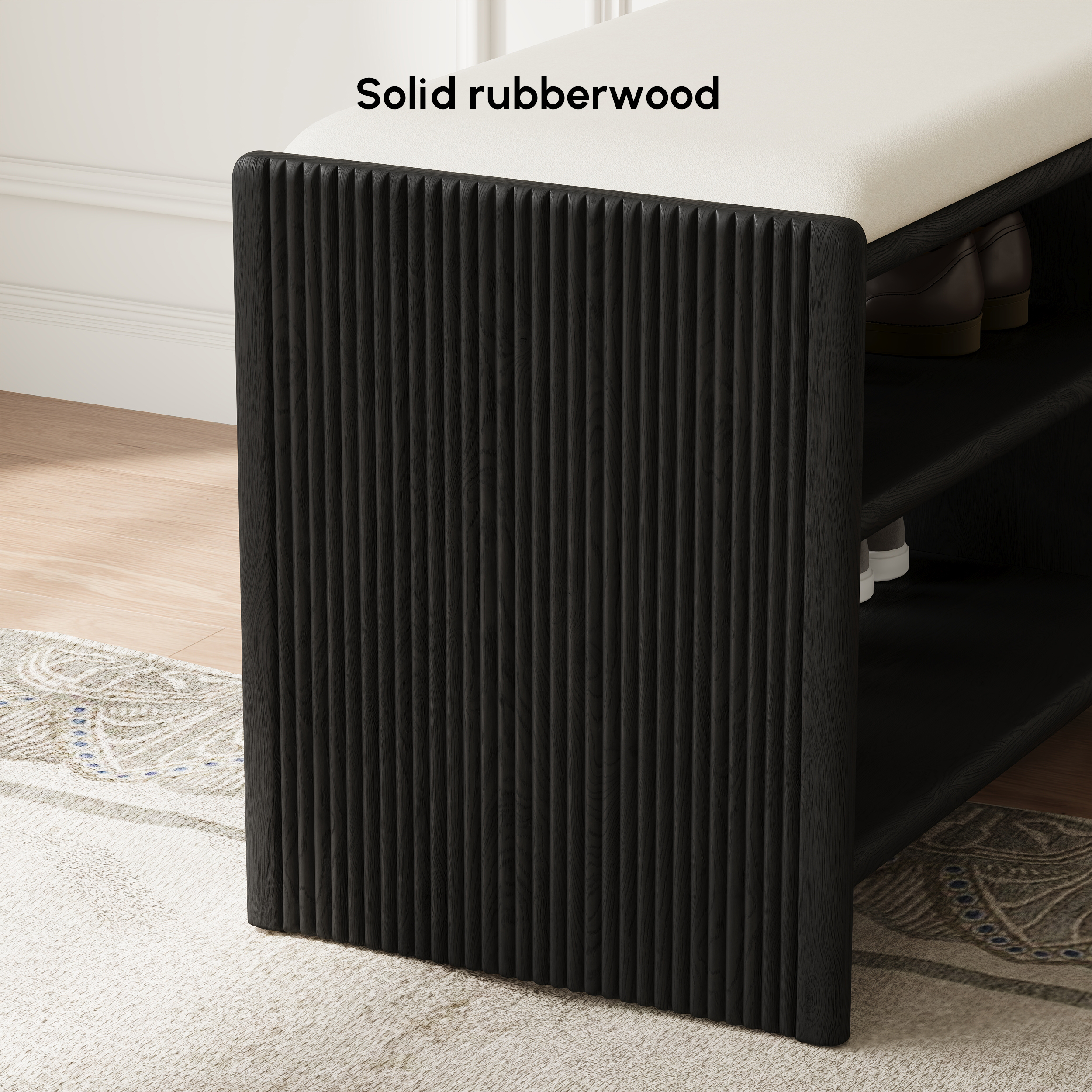 Banc d'entrée de rangement pour chaussures en bois, 1010 mm, rembourré en cuir image de vente
