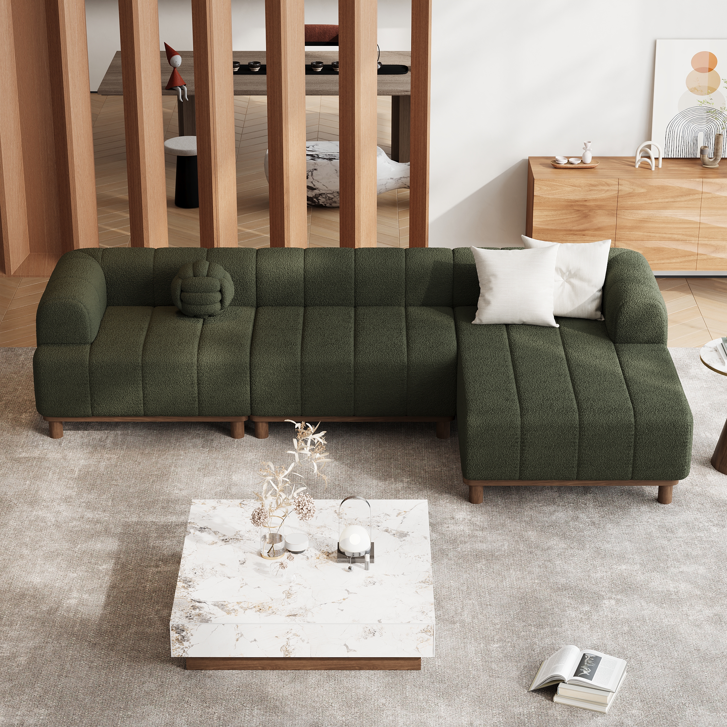 118" Boucle L-Shaped Sectional Sofa 3 Pieces White Sectional Couch wiith Wood Legs