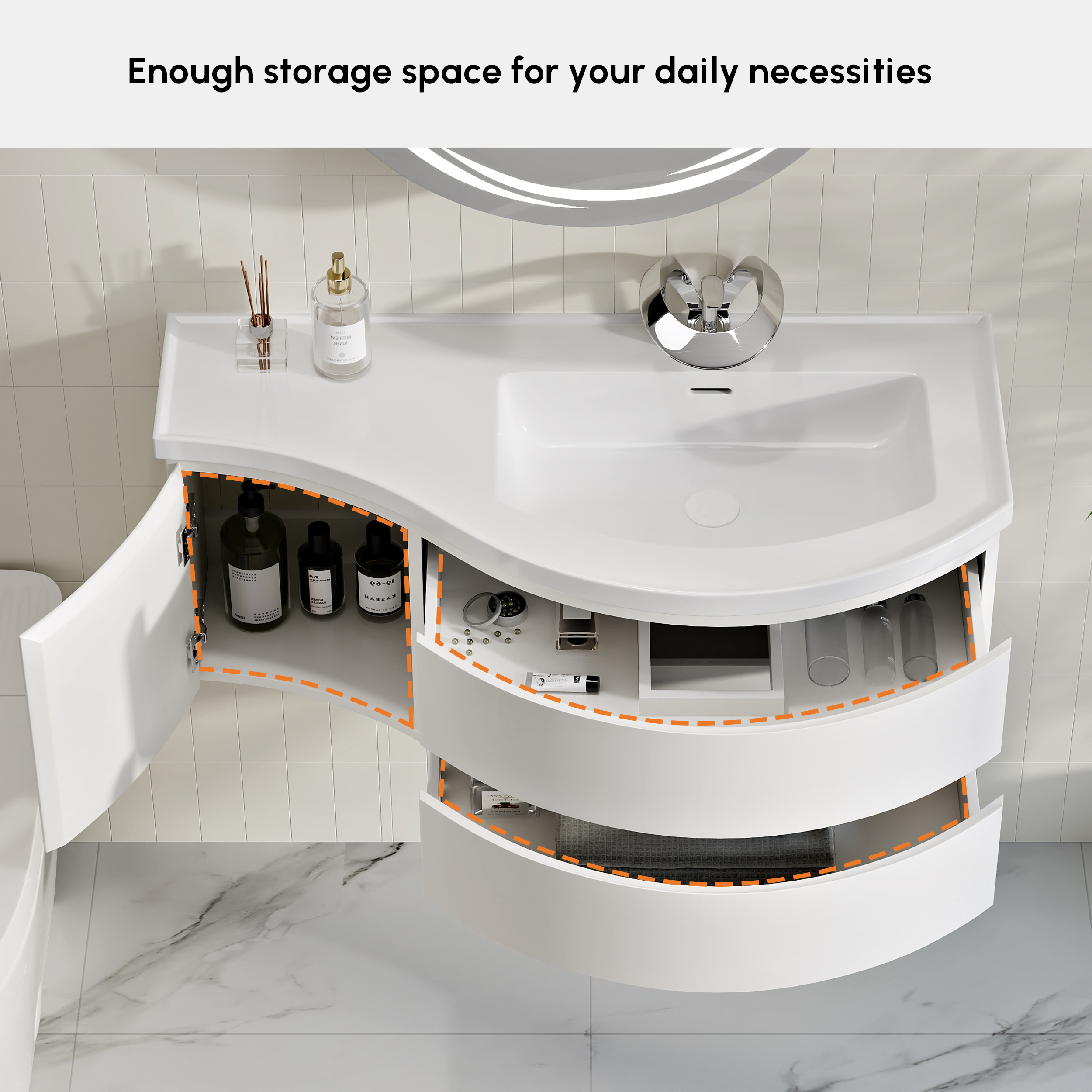 900mm Floating Curved Bathroom Vanity in White Right Offset Single