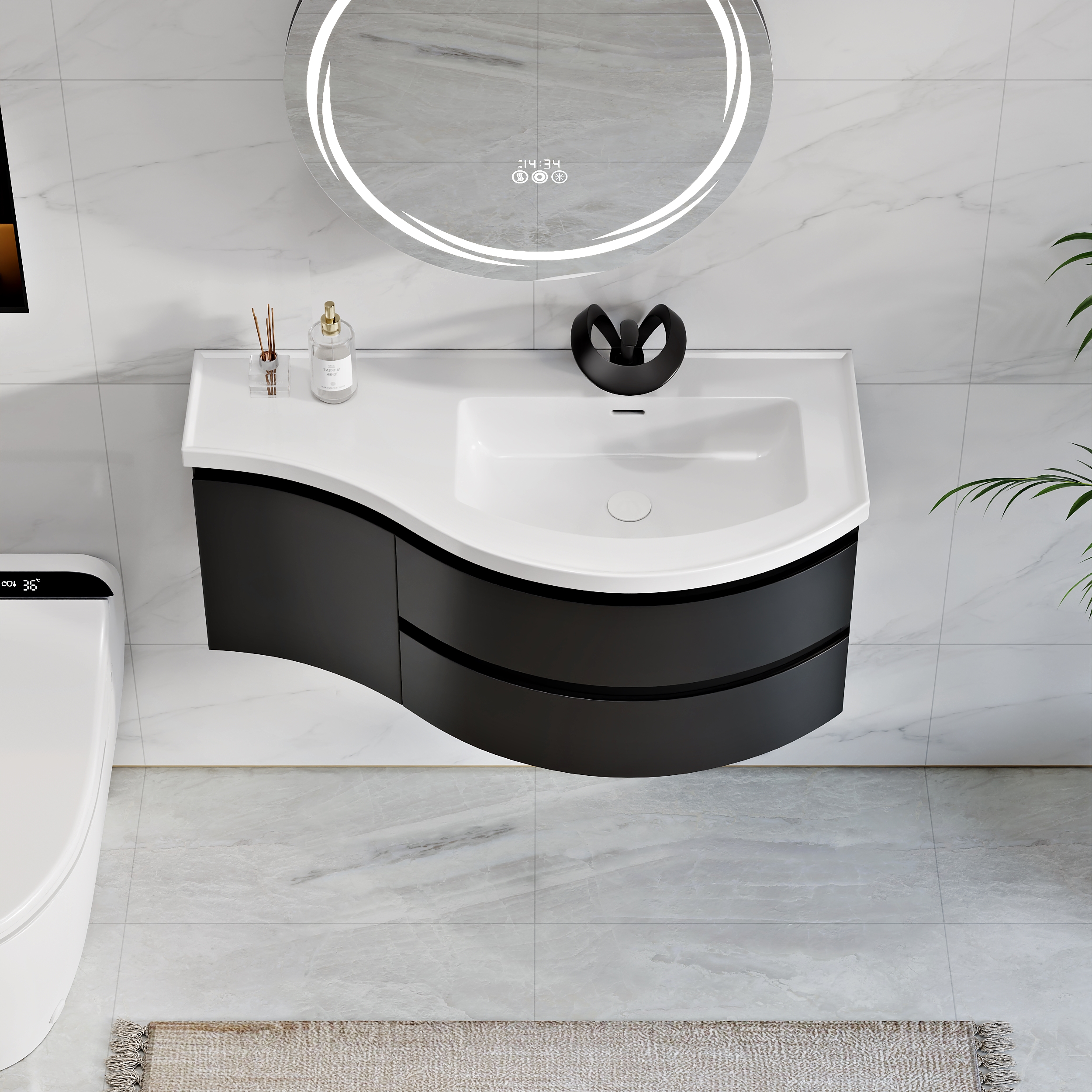 Tocador de baño flotante curvo individual de 35" con lavabo y almacenamiento, juego de 2