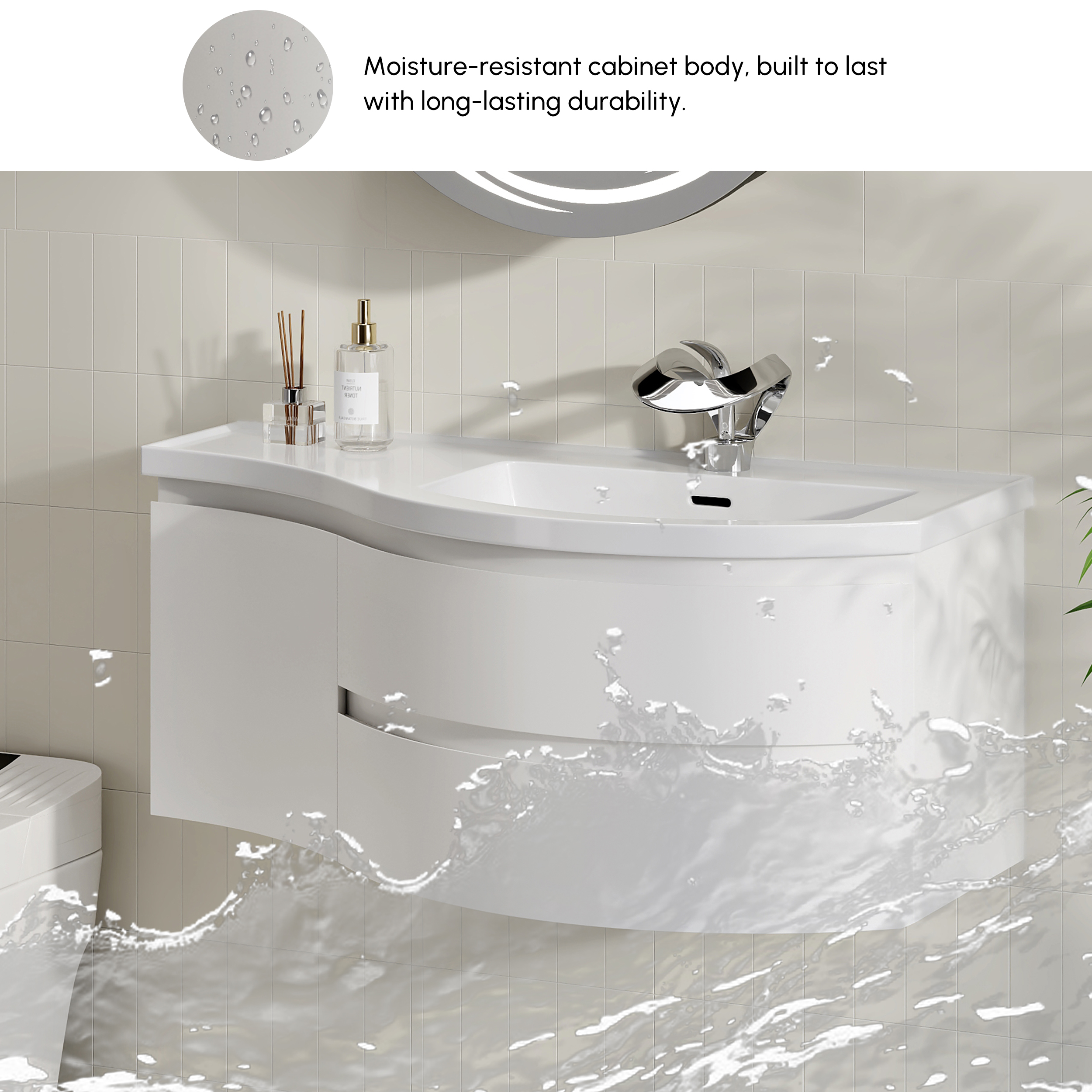 900mm Floating Curved Bathroom Vanity in White Right Offset Single