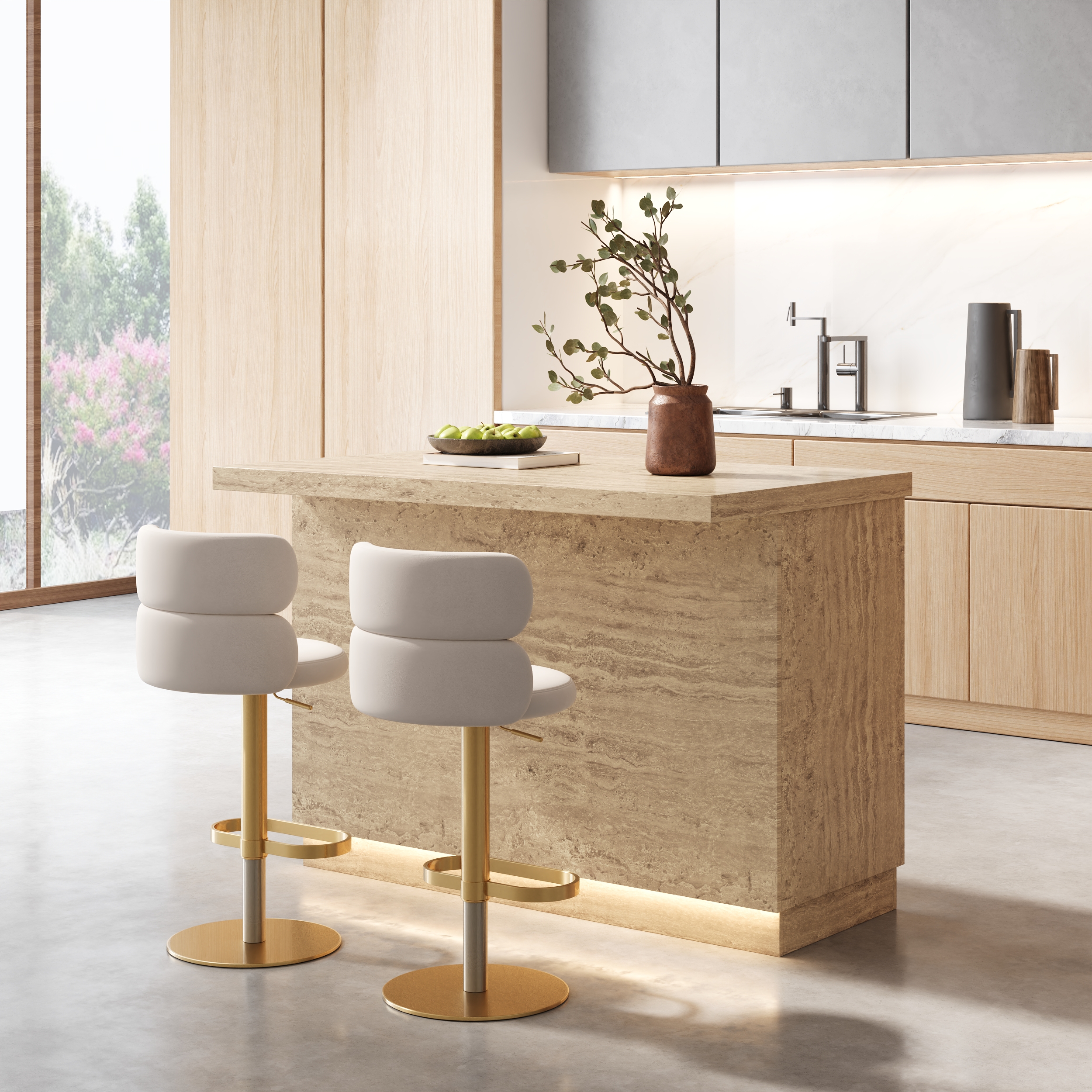 50" Kitchen lsland Wood with Storage & LED Light Matte Travertine Kitchen Cabinet