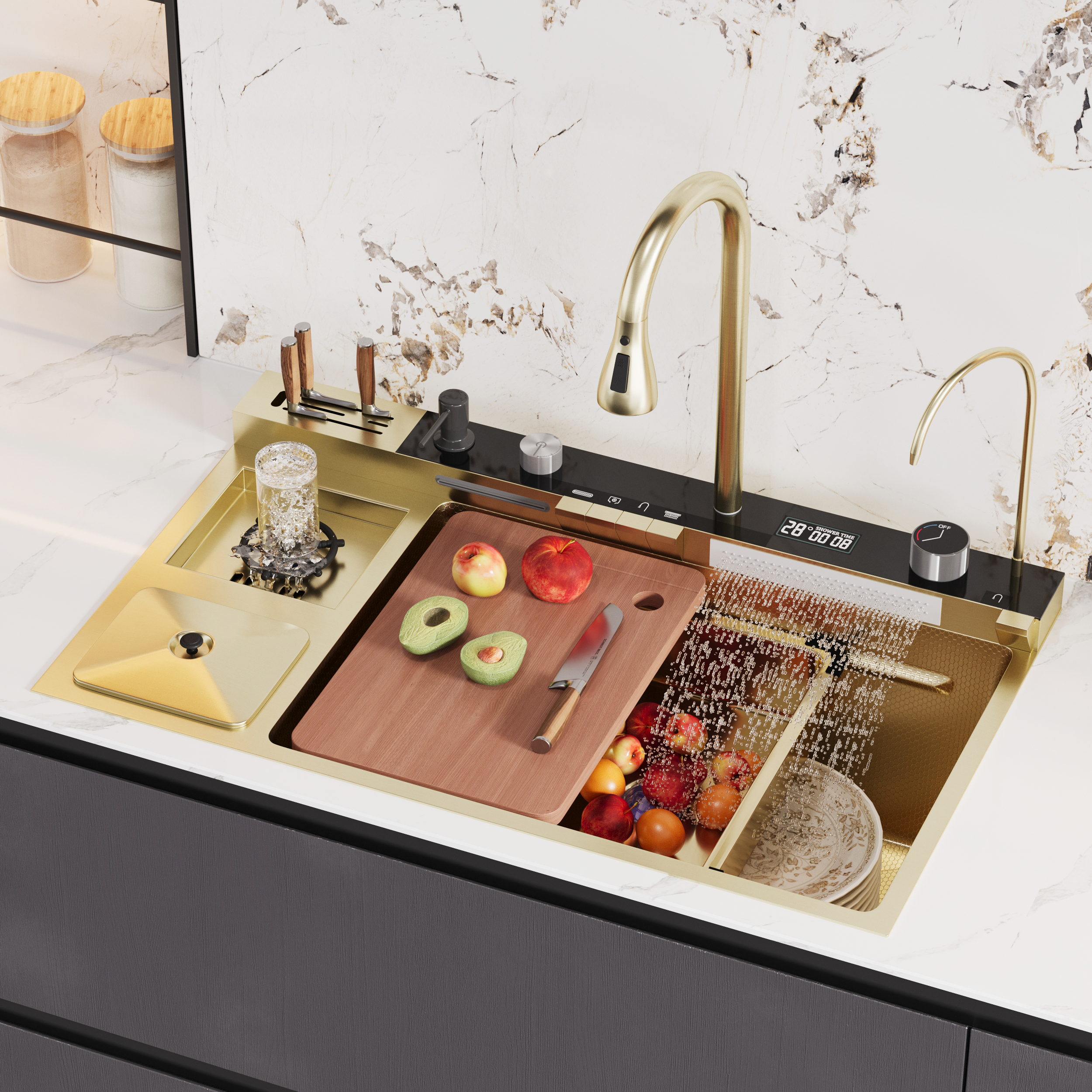 Multi-Function Stainless Steel Kitchen Sink 32.3" × 18.9" with Pull-Out Faucet