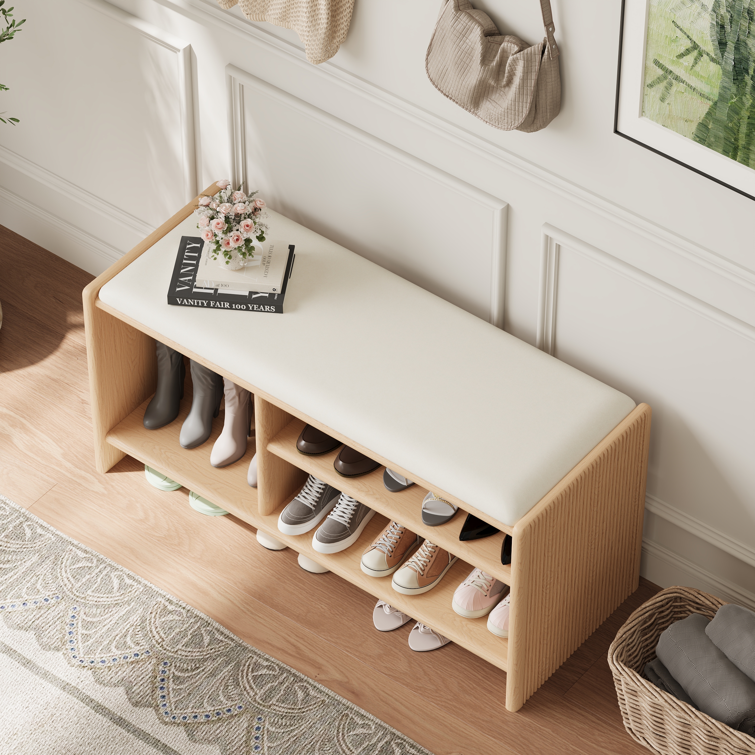 Modern Leather Upholstered Entryway Bench in Natural Wood Shoe Storage (40'' Wide)