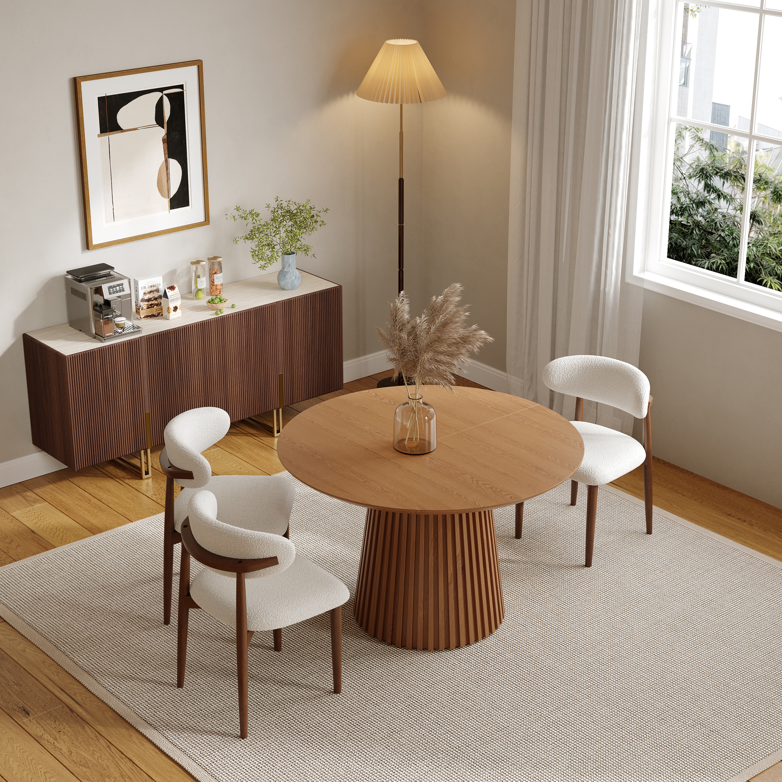 Grovyn 63" Buffet Sideboard Sintered Stone Top Walnut Fluted with Adjustable Shelves