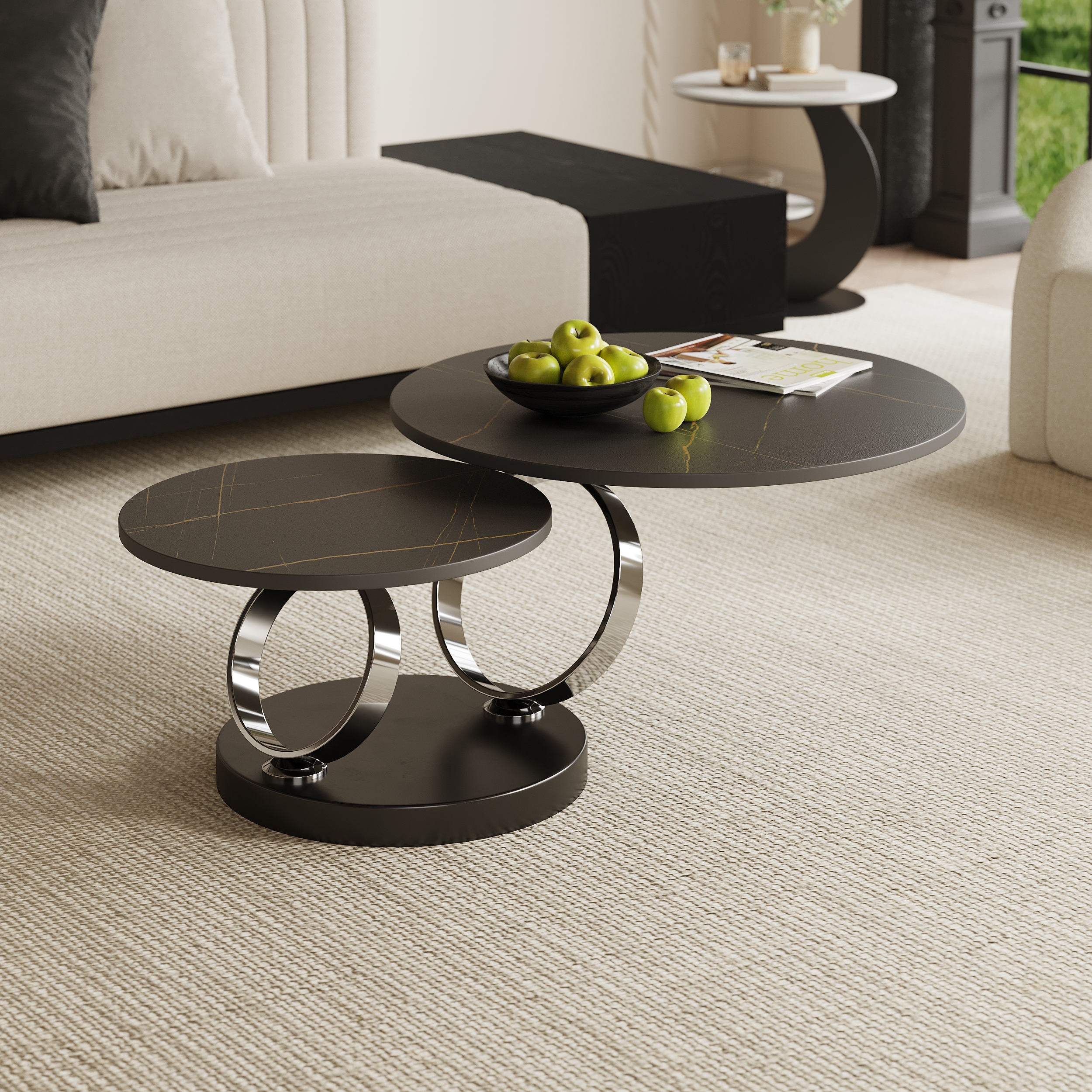 Black Extendable Coffee Table with Ring-shaped Metal Pedestal