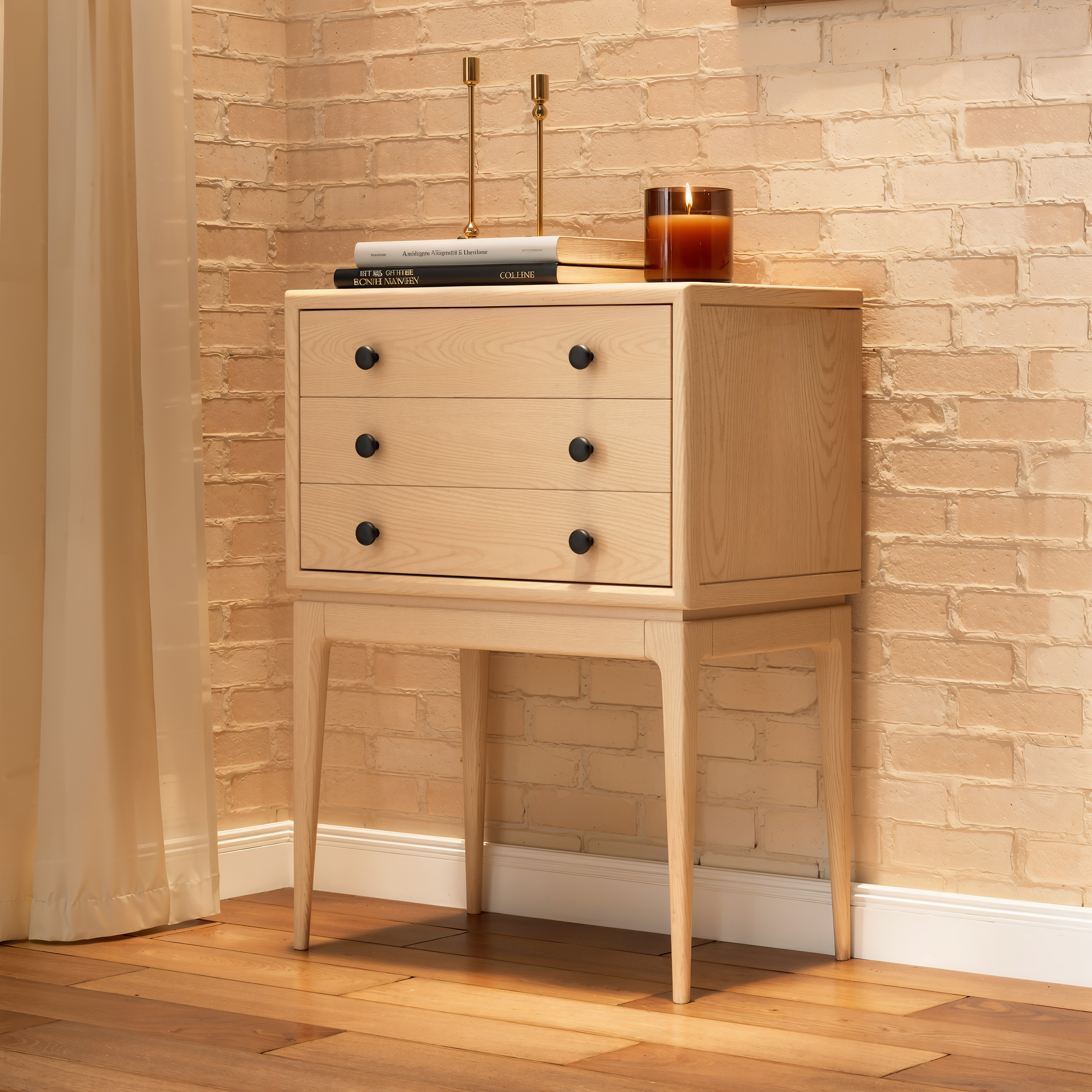 Tanic Mid Century Modern Whitewash Chest Cabinet with Storage 3 Drawers of Ash Wood