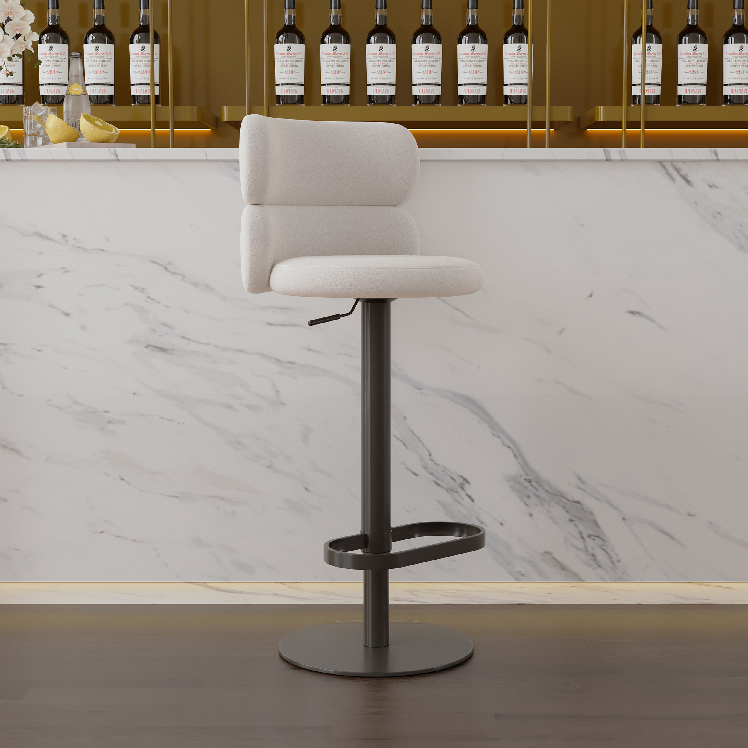 Warm White Velvet Swivel Upholstery Bar Stool with Backrest & Adjustable Black Base Counter