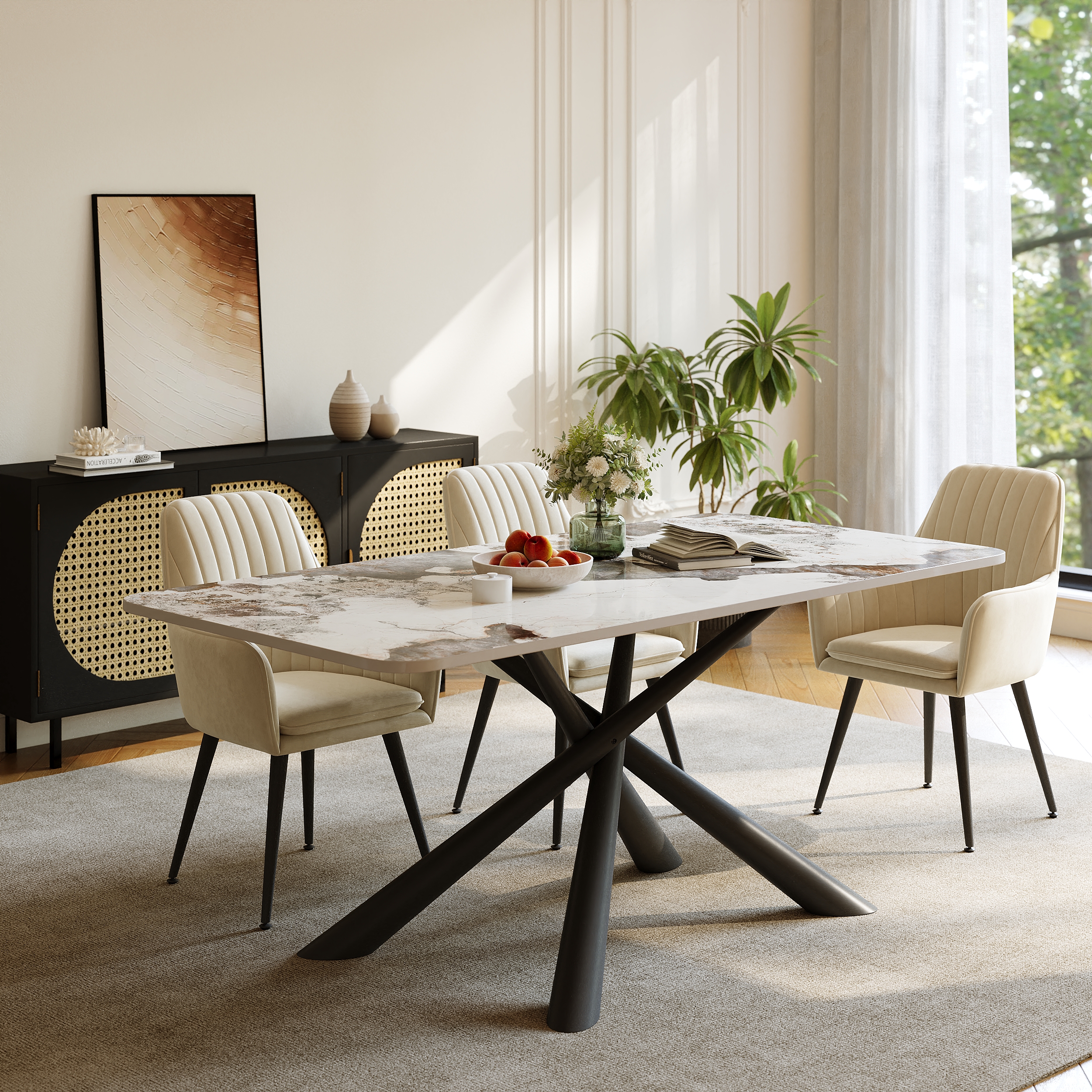71" Modern Sintered Stone Top Rectangle Dining Table with Stainless Steel Trestle