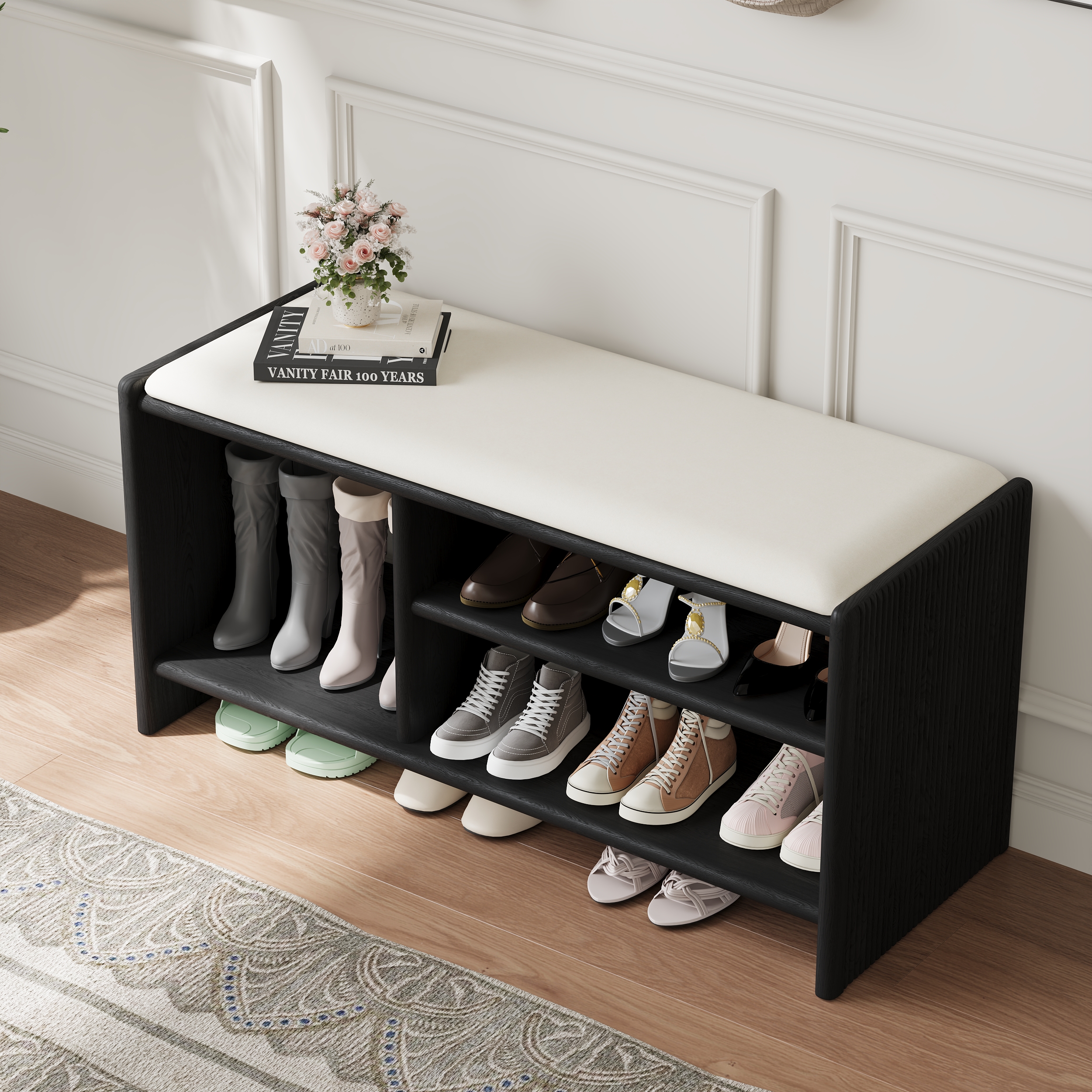 Modern Leather Upholstered Entryway Bench in Black Wood Shoe Storage (40'' Wide)