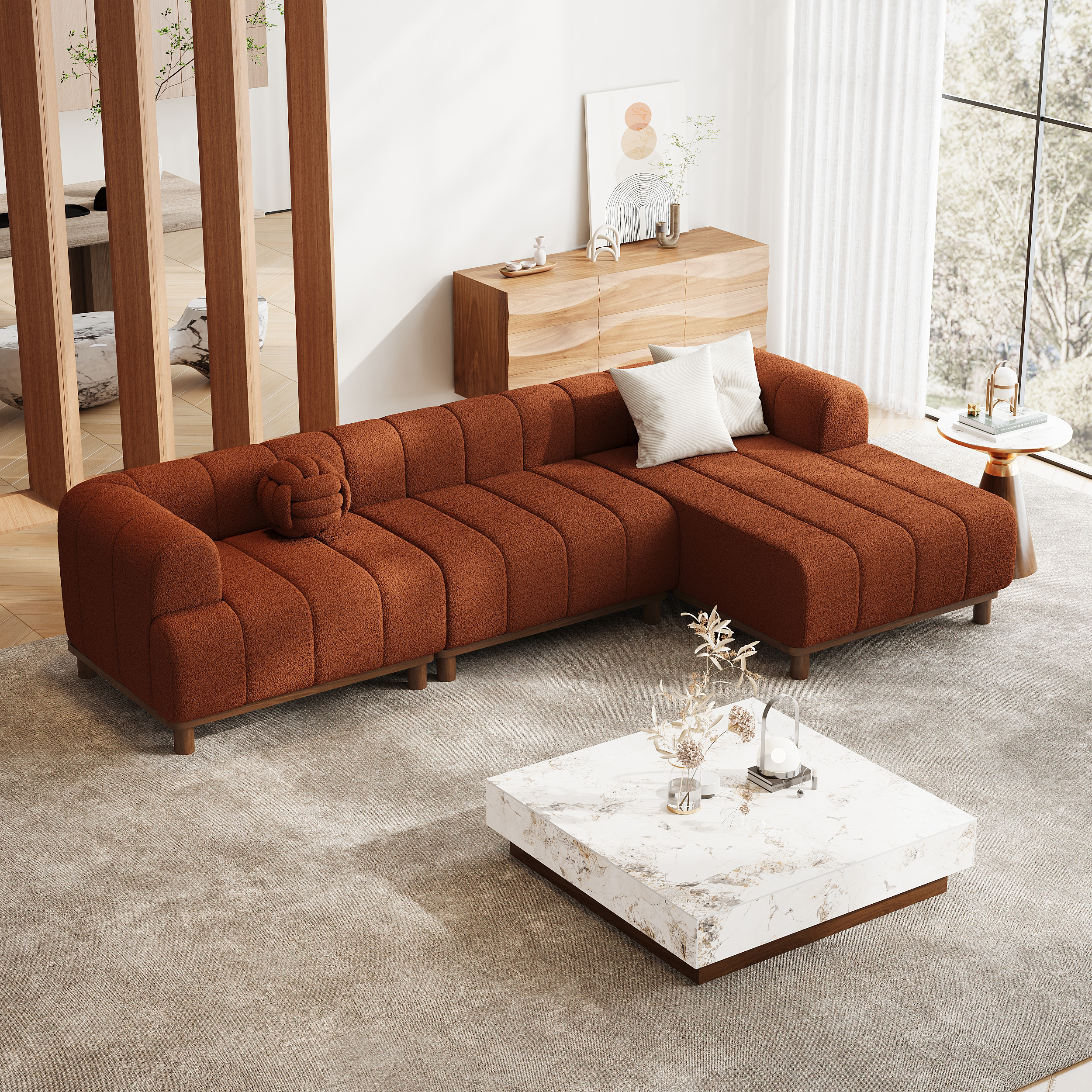 118" Boucle L-Shaped Sectional Sofa 3 Pieces White Sectional Couch wiith Wood Legs
