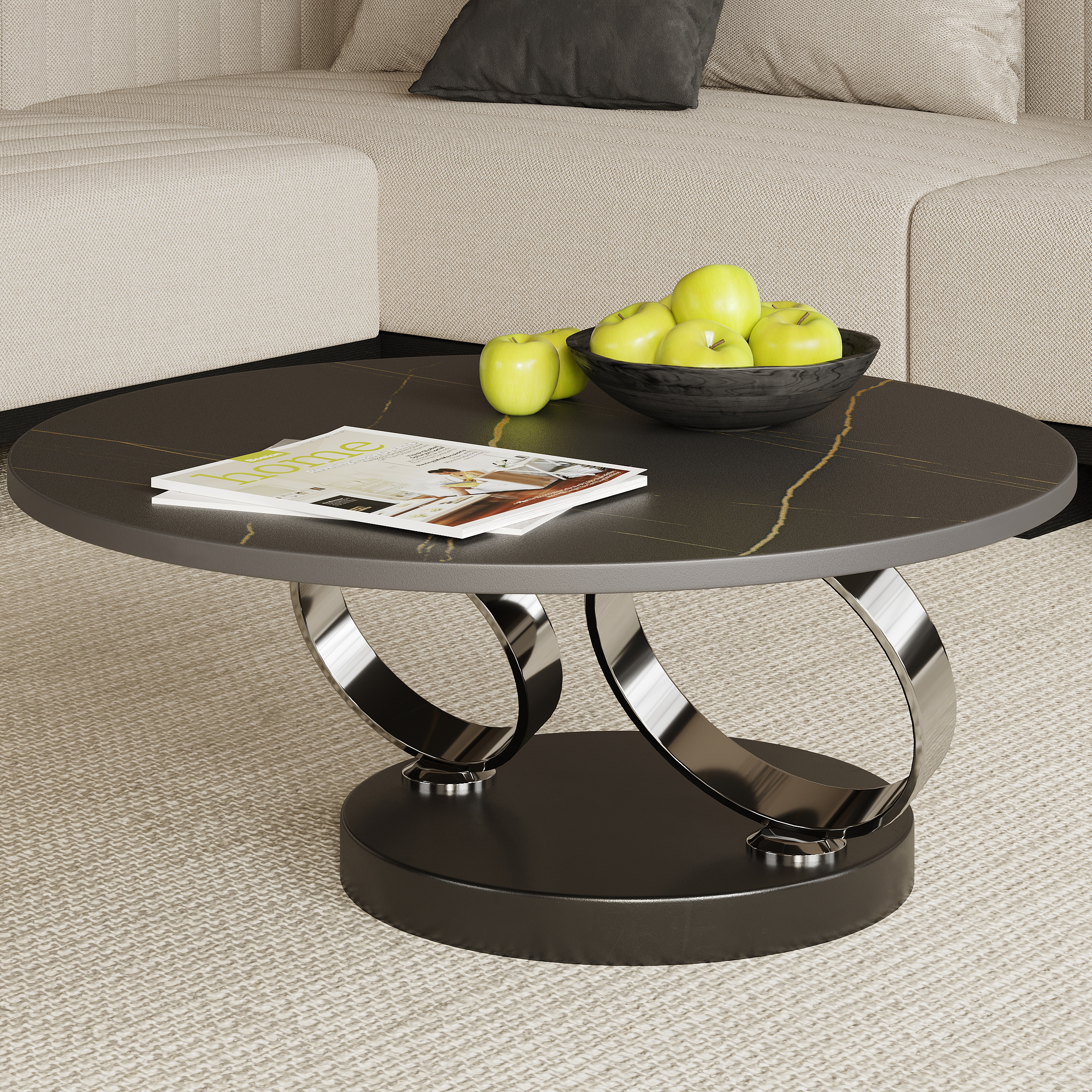 Black Extendable Coffee Table with Ring-shaped Metal Pedestal