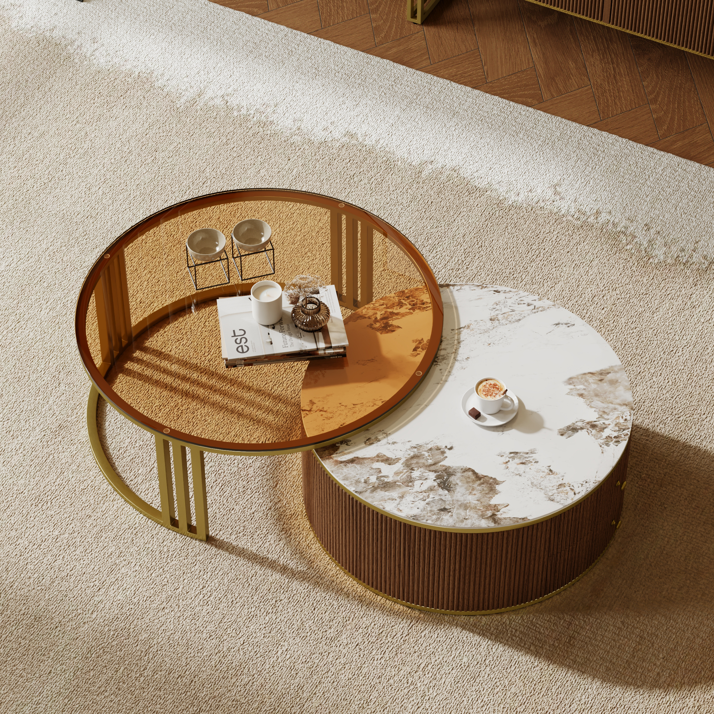 Grovyn Modern Nesting Sintered Stone Top Walnut Round Glass Coffee Table Storage
