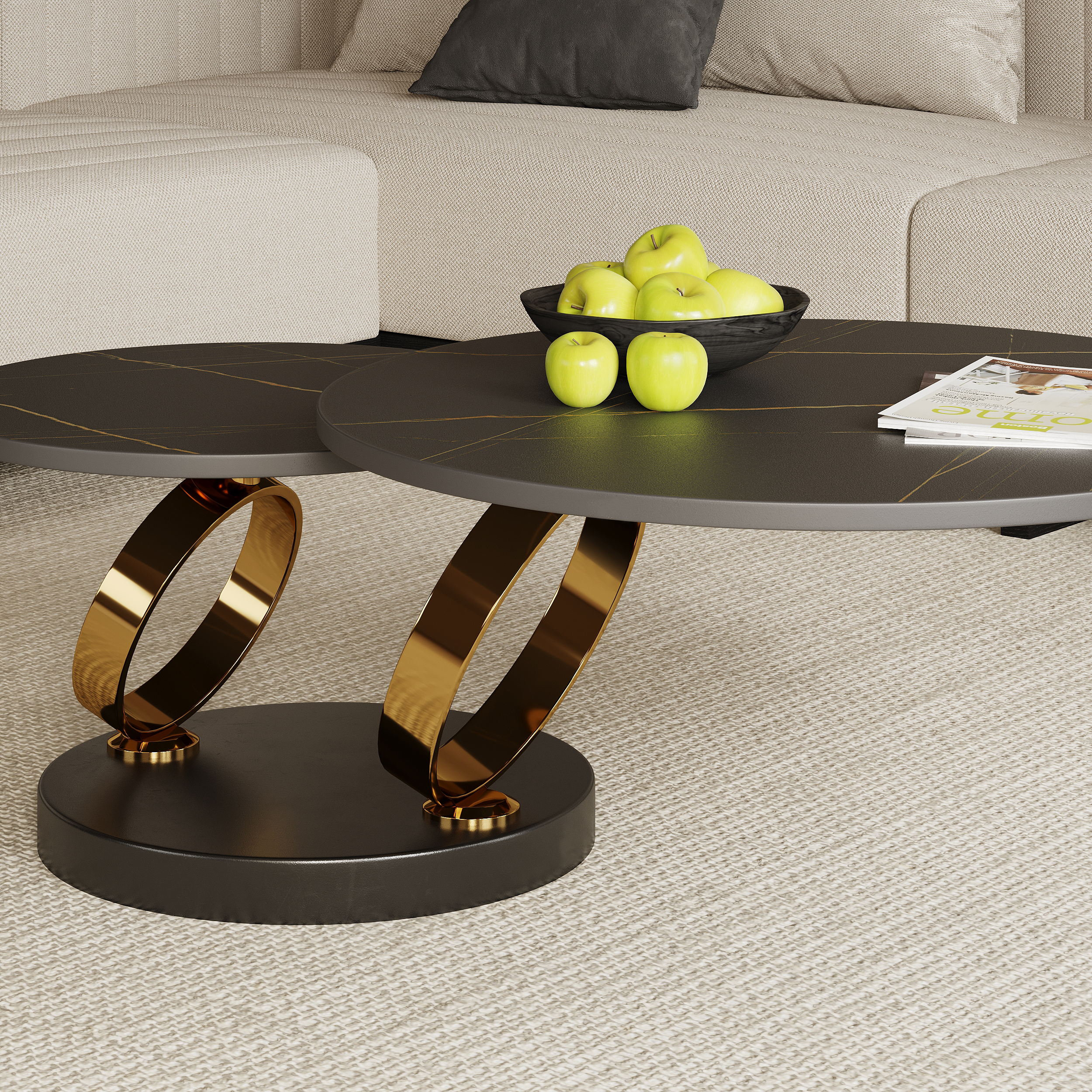 Modern Black Extendable Coffee Table with Ring-shaped Metal Pedestal