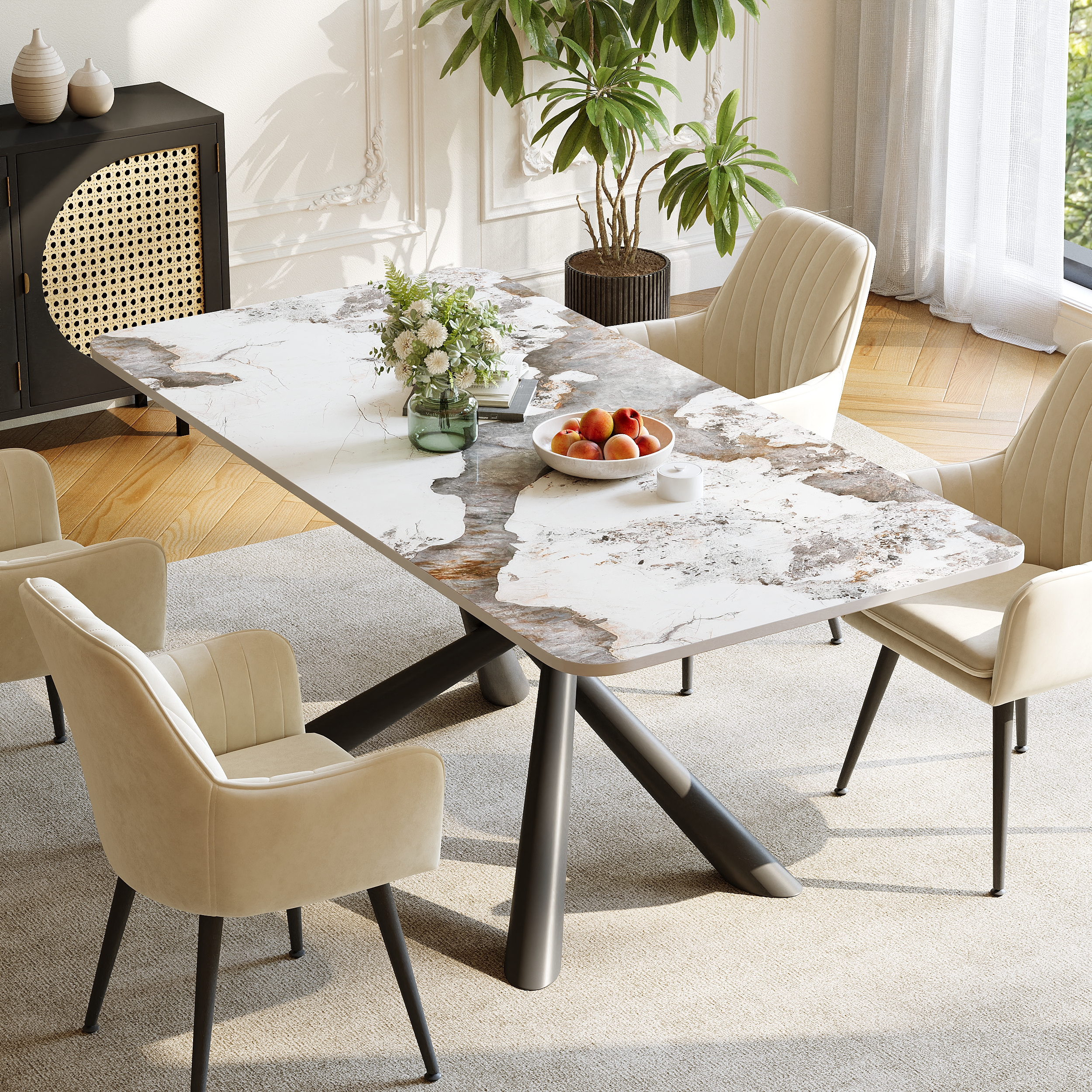 71" Modern Sintered Stone Top Rectangle Dining Table with Stainless Steel Trestle
