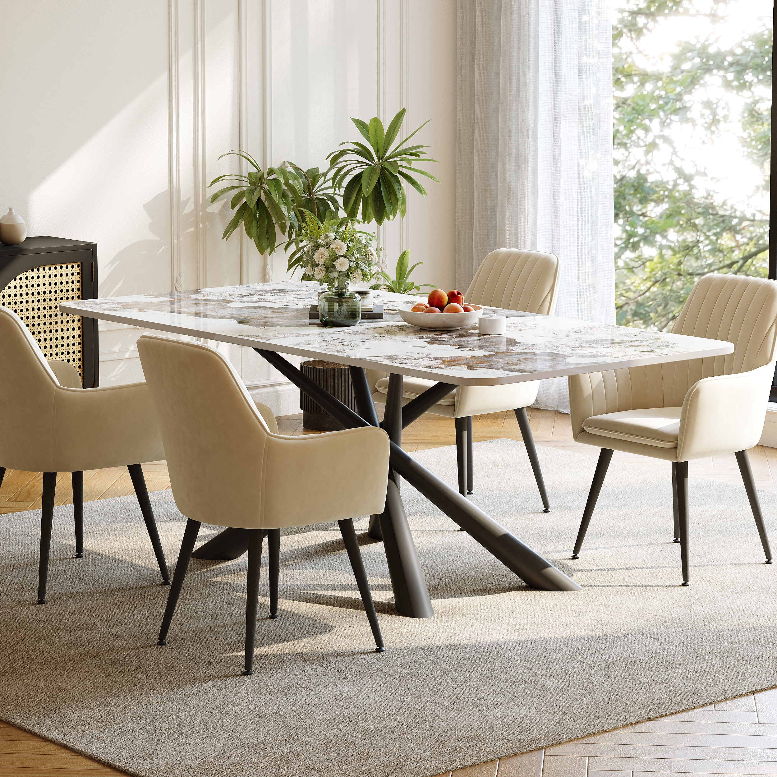 79" Modern Faux Marble Top Rectangle Dining Table with Stainless Steel Trestle