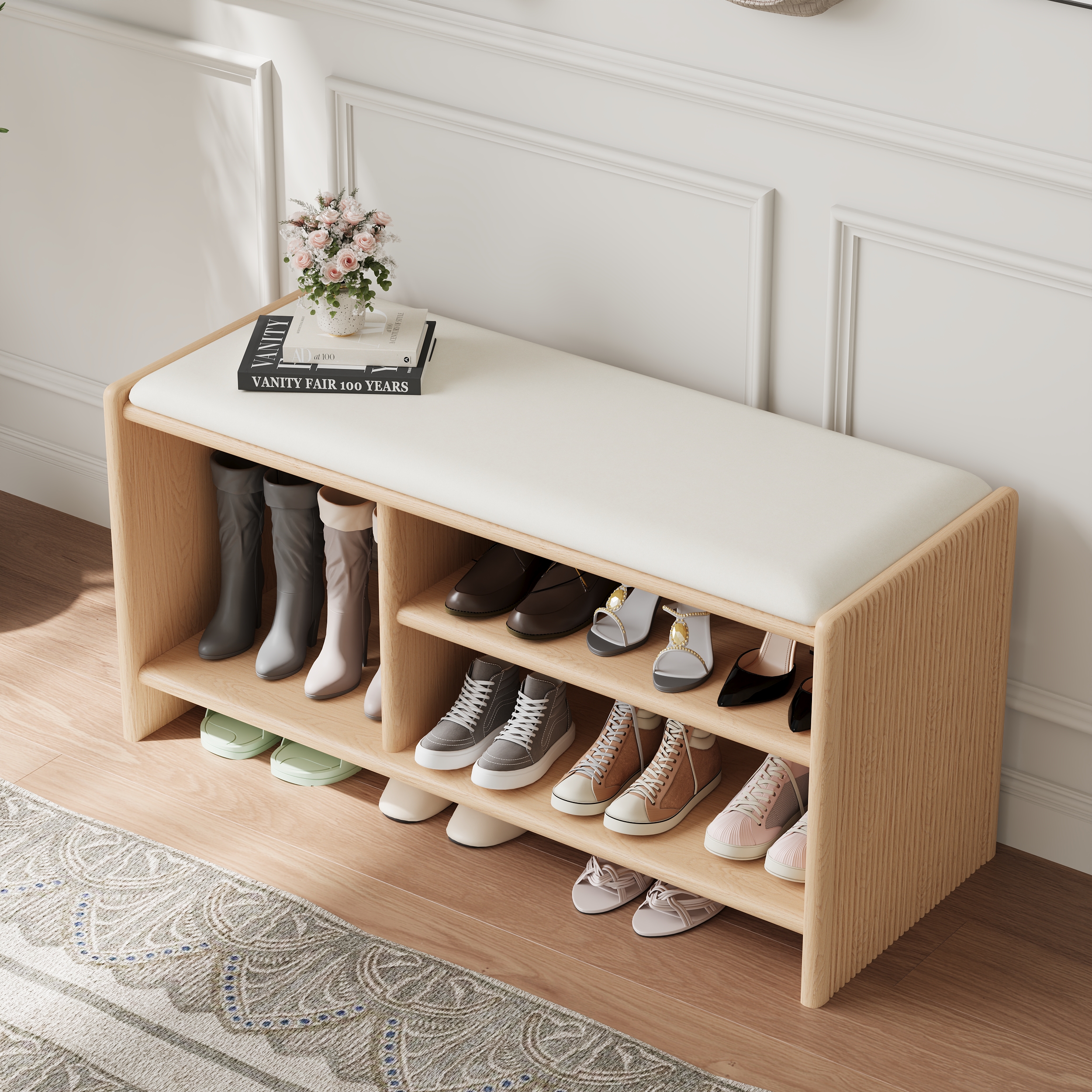 Modern Leather Upholstered Entryway Bench in Natural Wood Shoe Storage (40'' Wide)