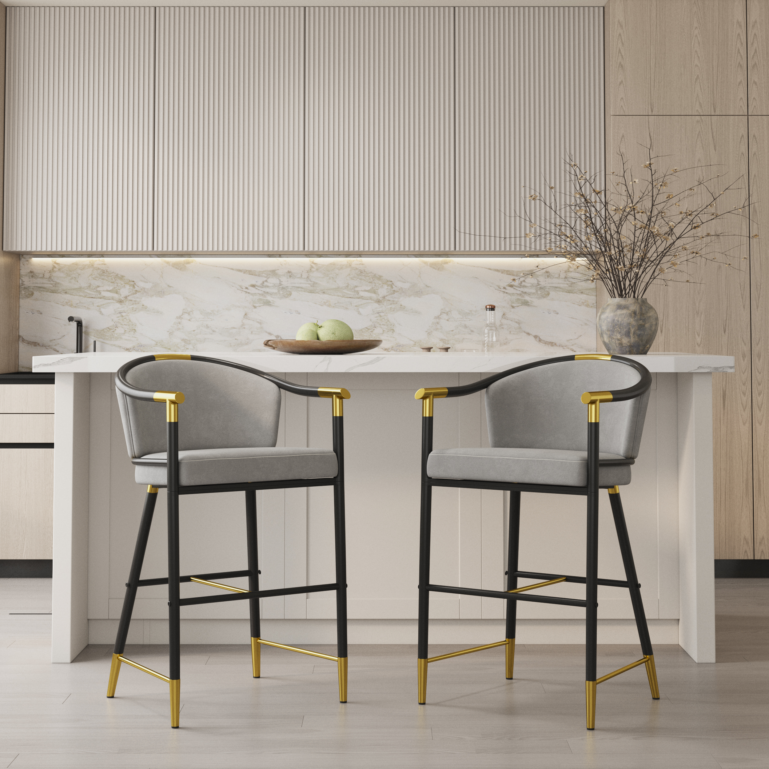 Modern Counter Stools with Velvet Upholstery Gray Bar Stools