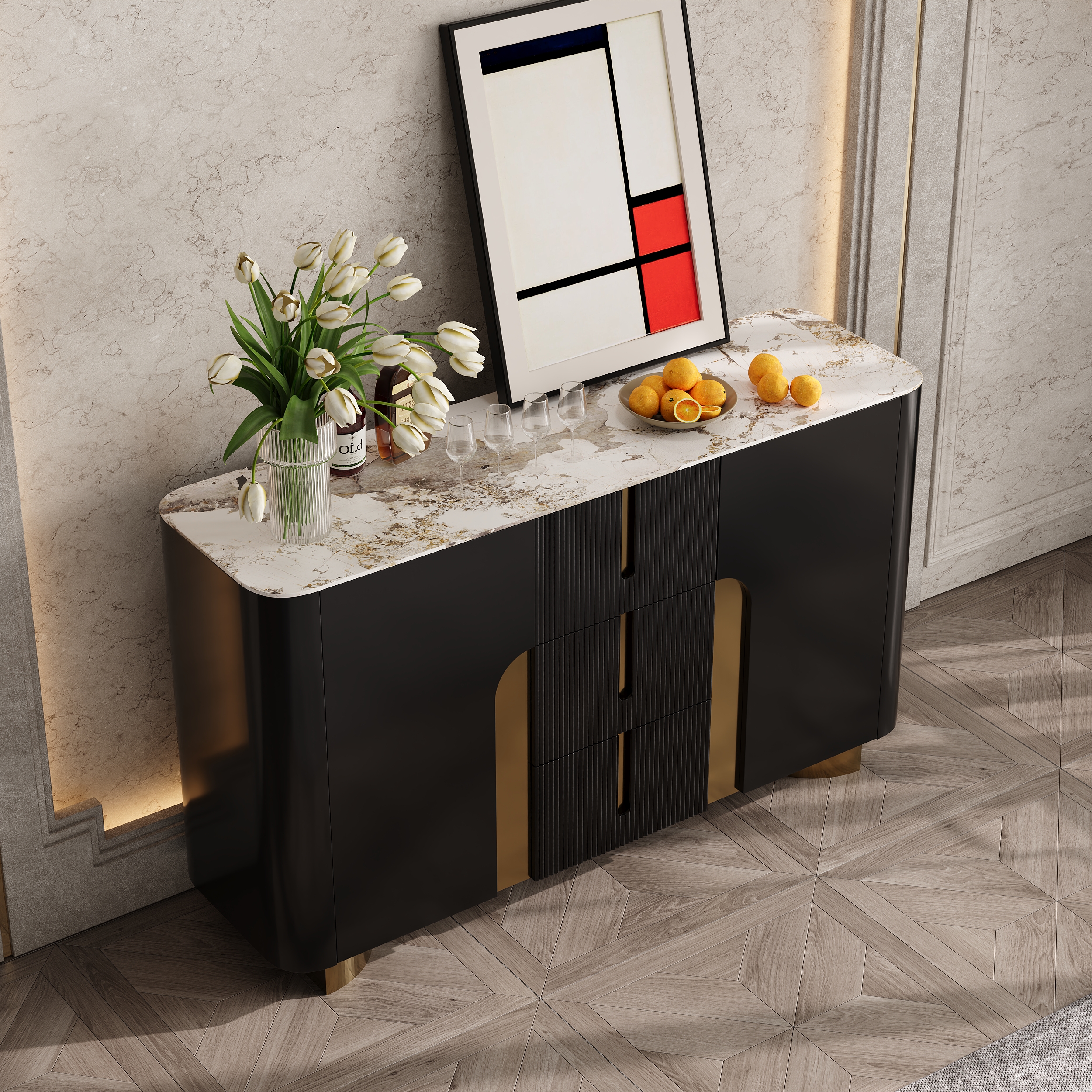 Artus Modern Matte Black 59"W Sintered Stone Sideboard 3 Drawers Kitchen Buffet Table