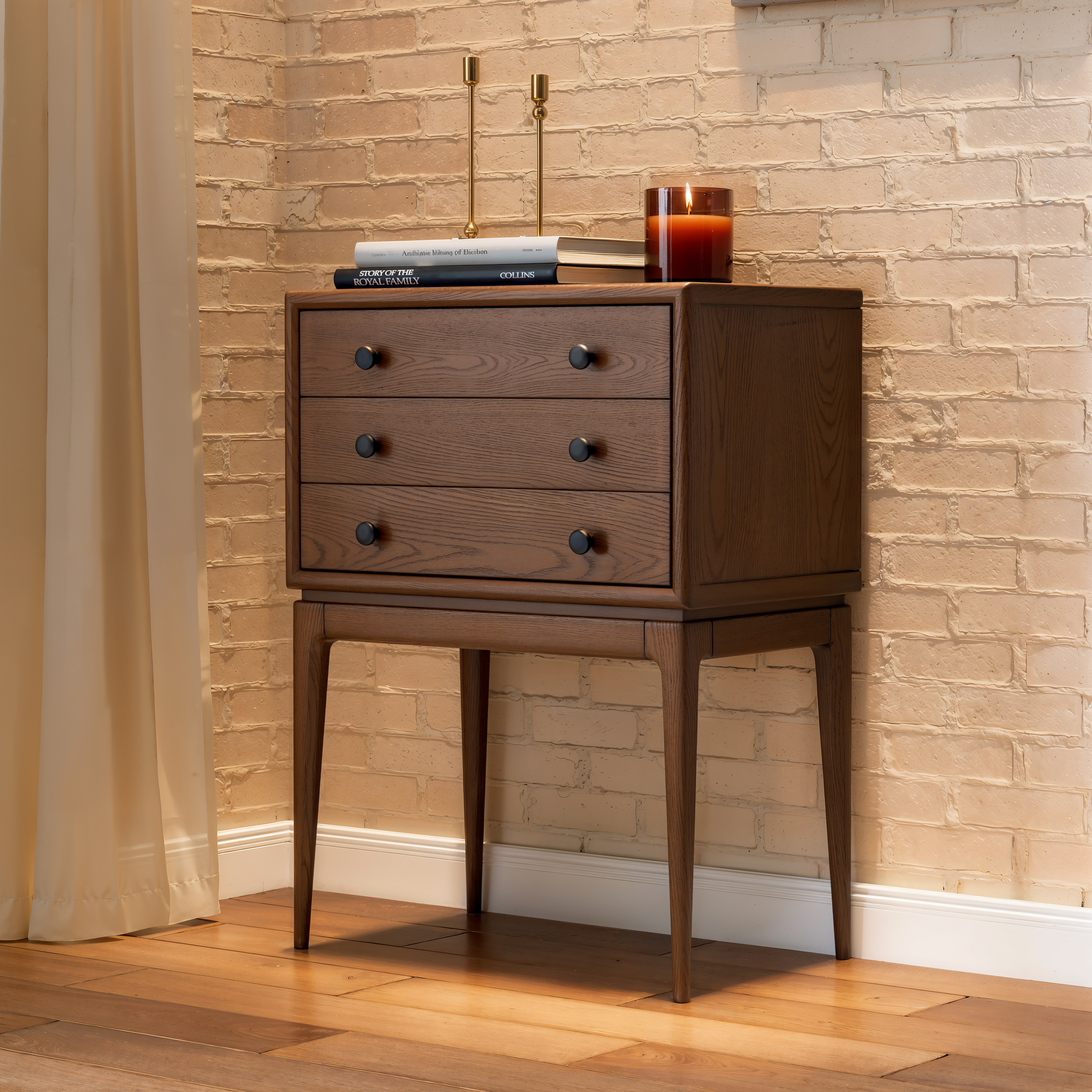 Tanic Mid Century Modern Chest Cabinet with Storage 3 Drawers of Ash Wood in Walnut