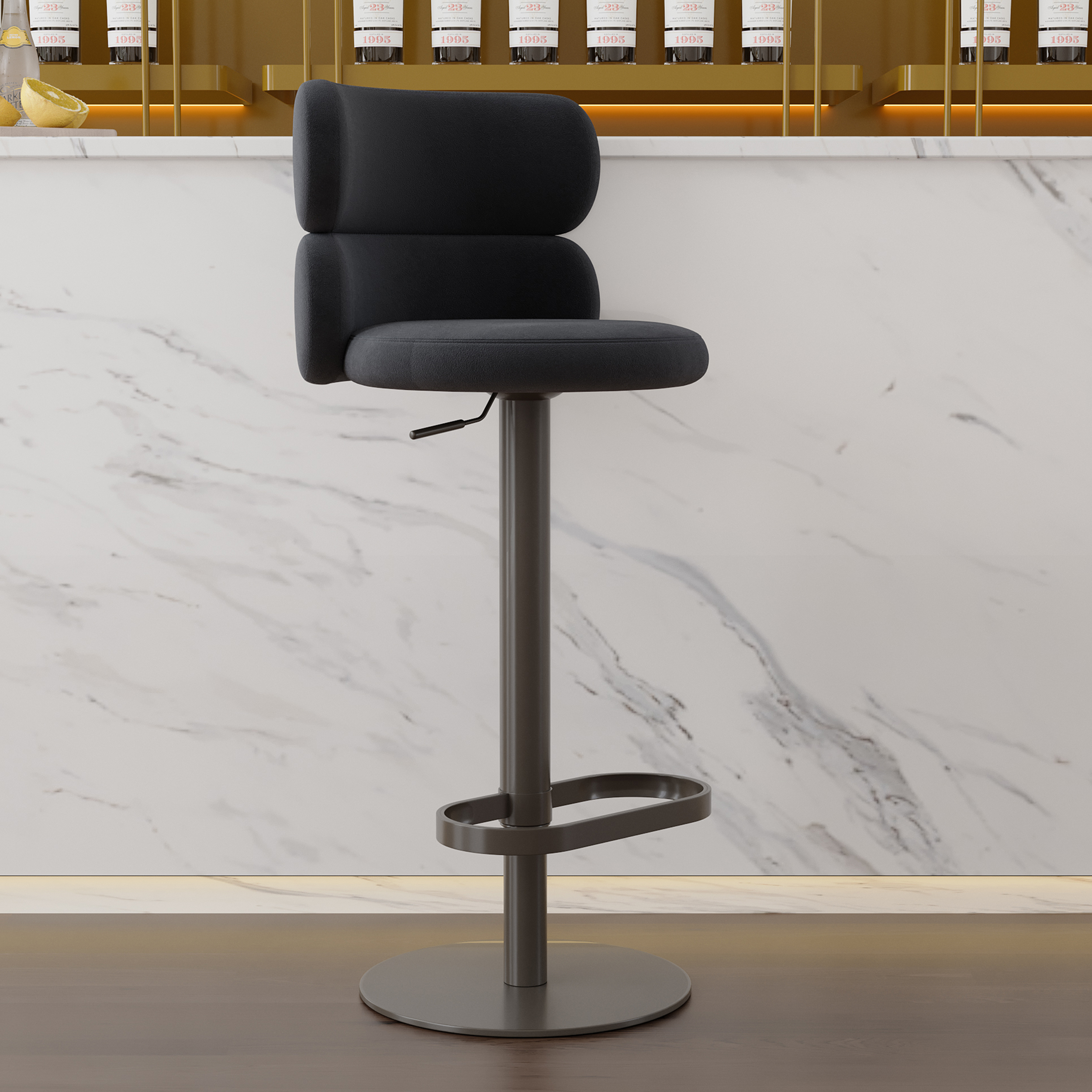 Modern Bar Stool Velvet Adjustable Height Swivel Black with Full Back Counter Stool