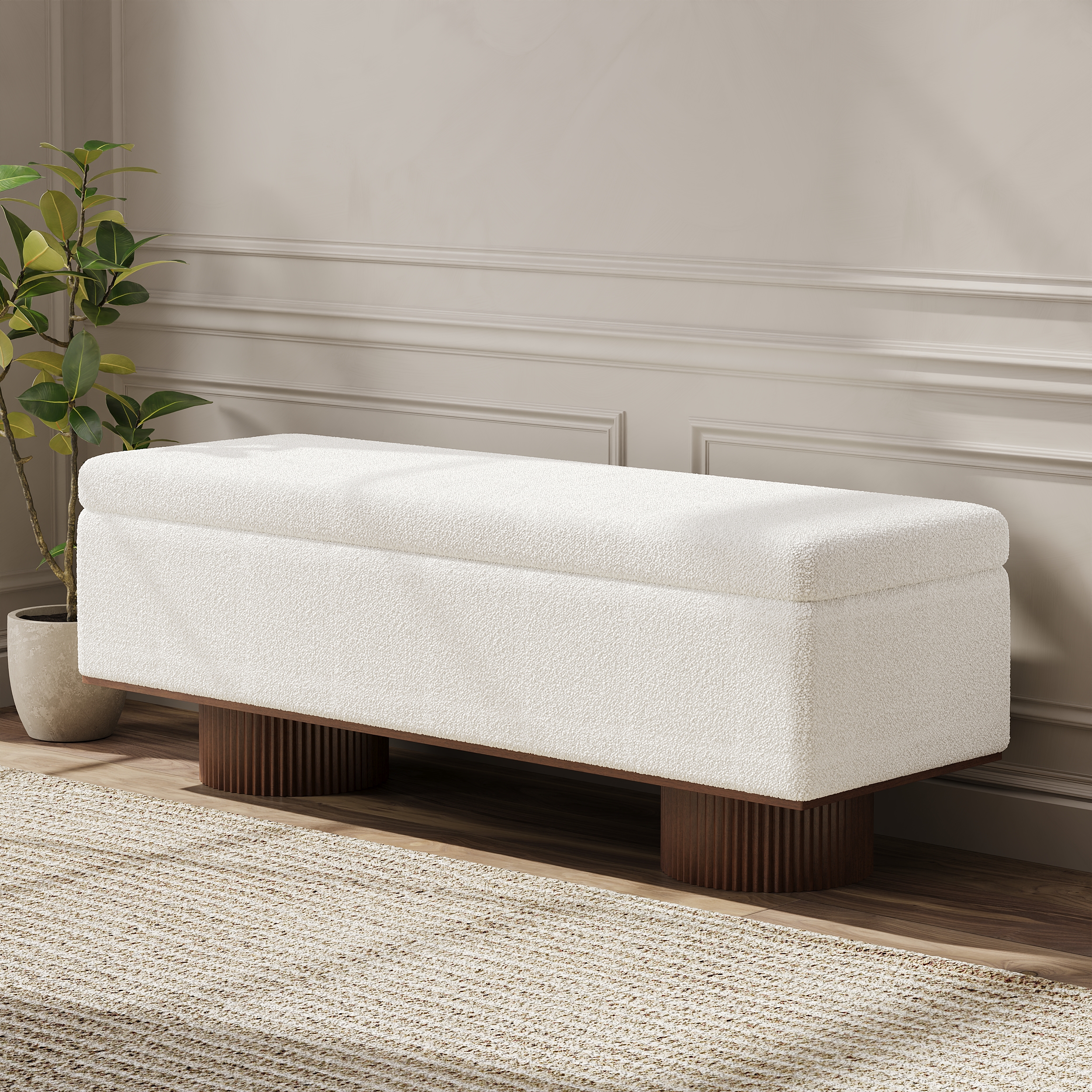 Banco de entrada de almacenamiento en forma de boucle y mueble de entrada de madera en blanco