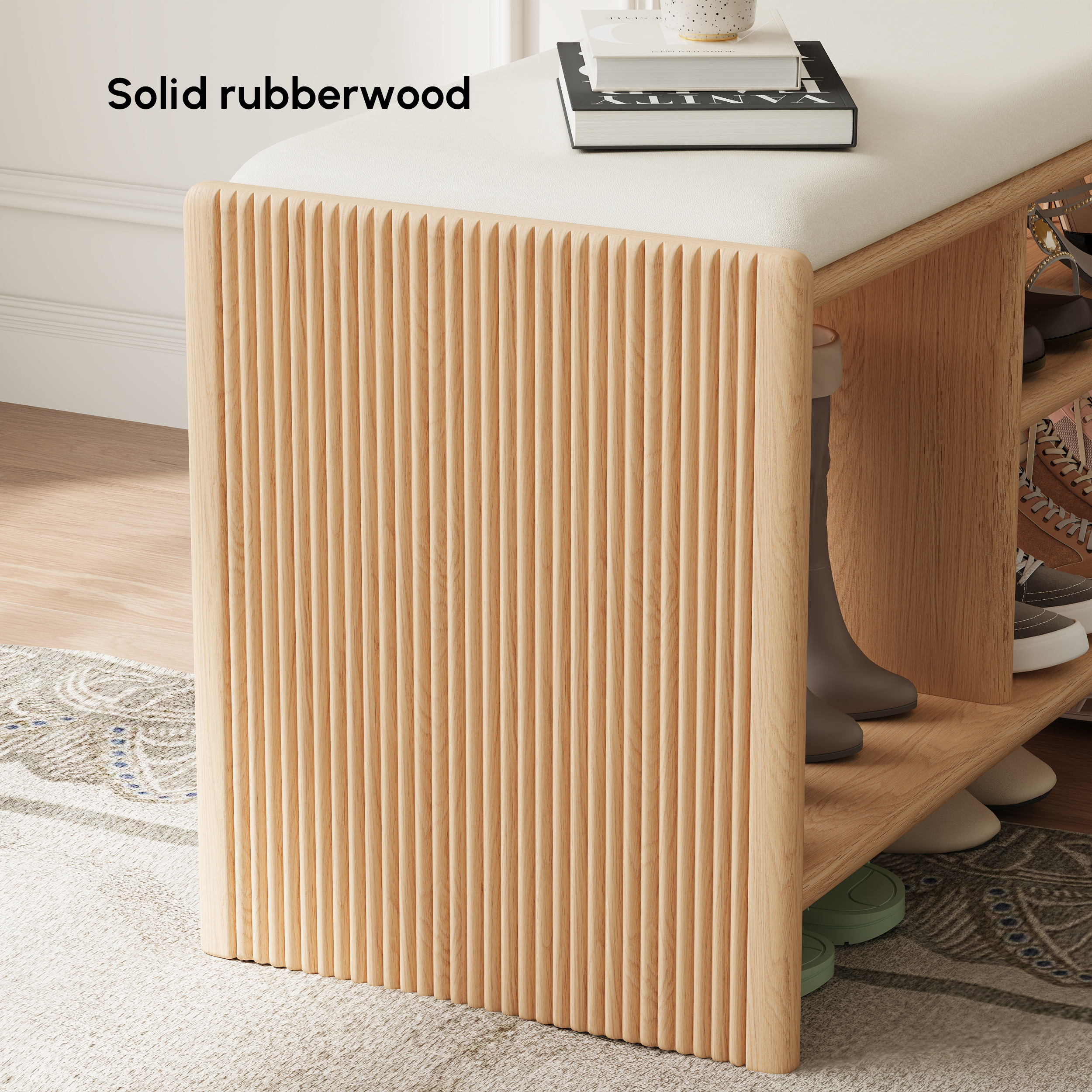 Banc d'entrée de rangement pour chaussures en bois, 1010 mm, rembourré en cuir image de vente