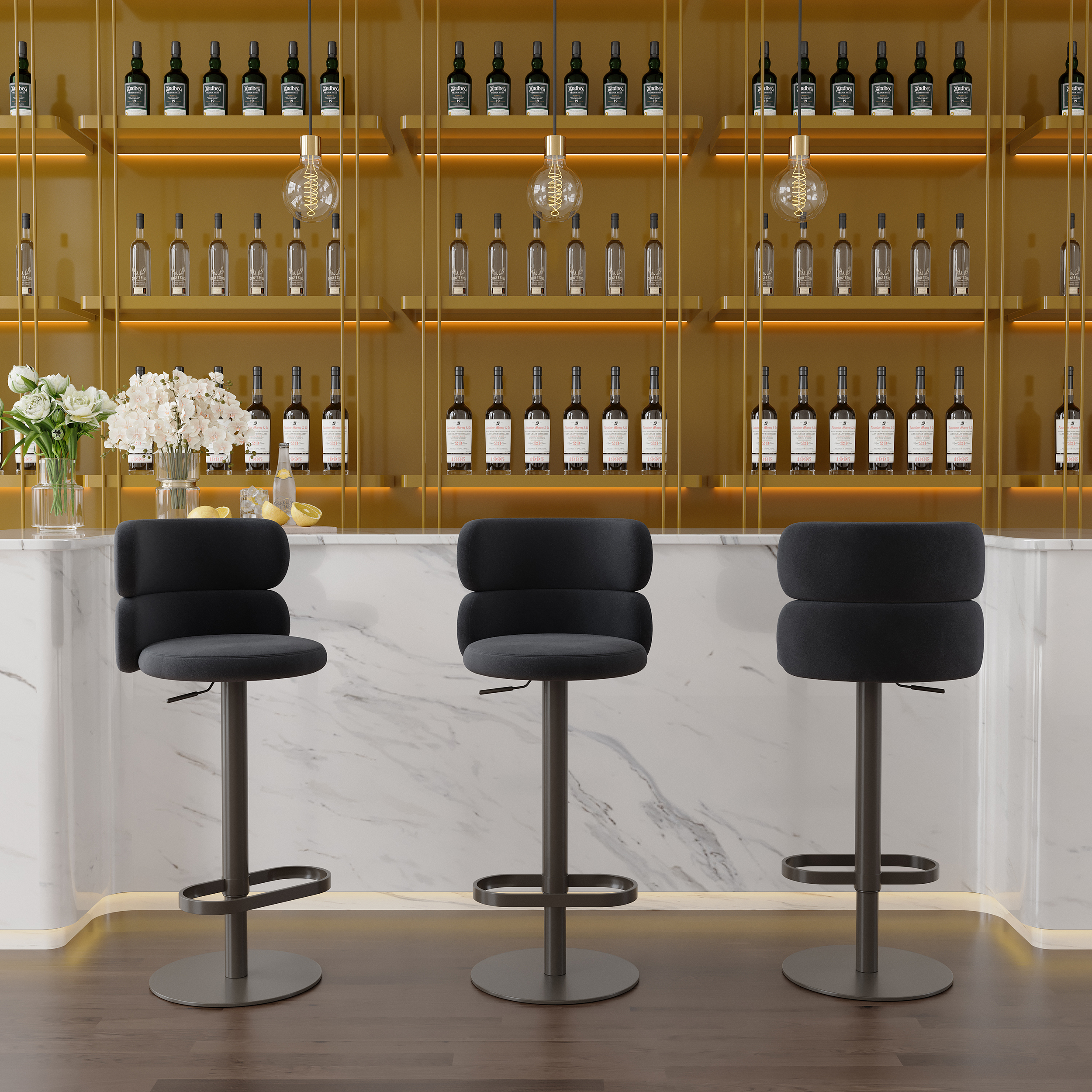 Modern Bar Stool Velvet Adjustable Height Swivel Black with Full Back Counter Stool