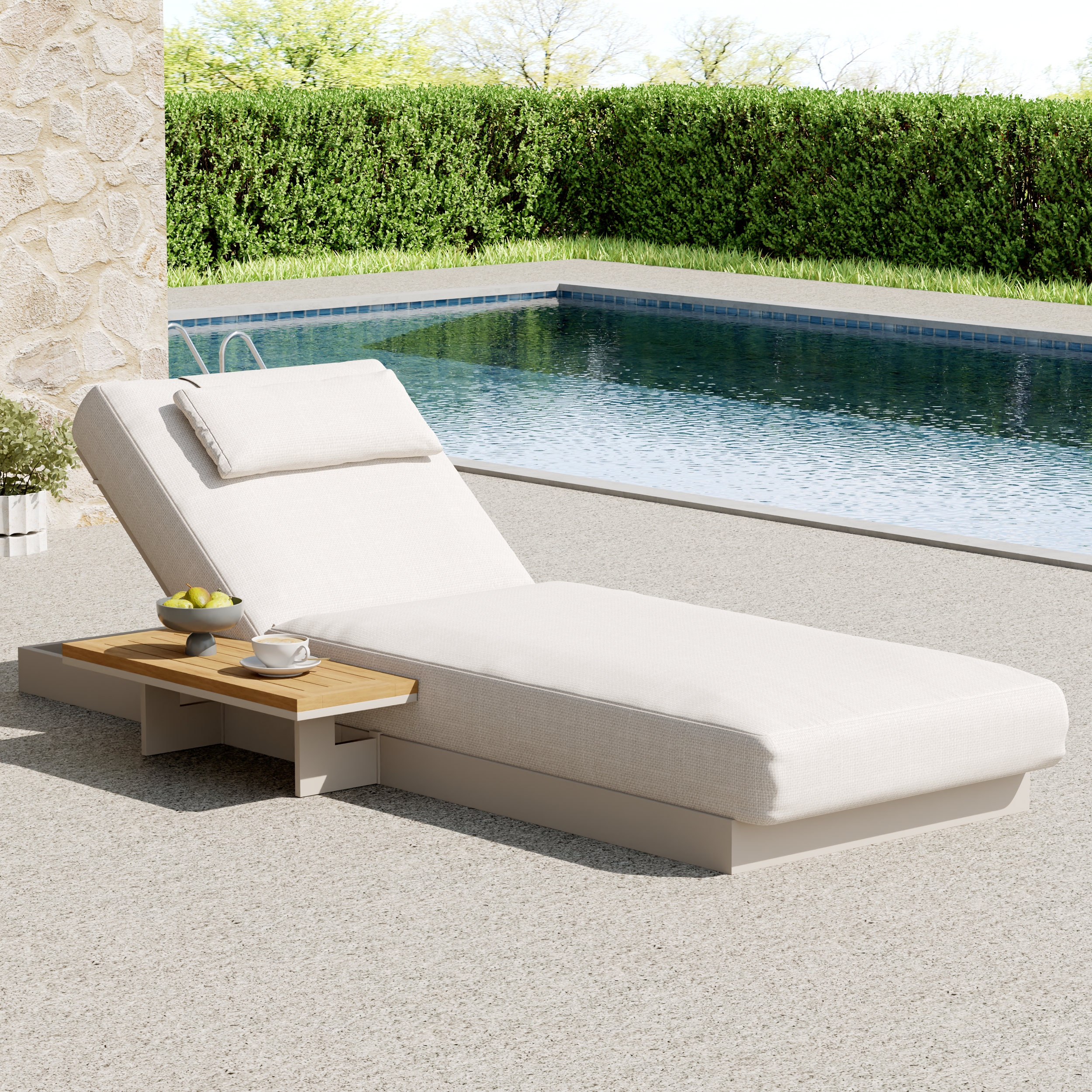 Tumbona Tevara de madera y aluminio para exteriores, modernos muebles de patio y patio en blanco cálido, cojín y almohada incluidos (200 cm)