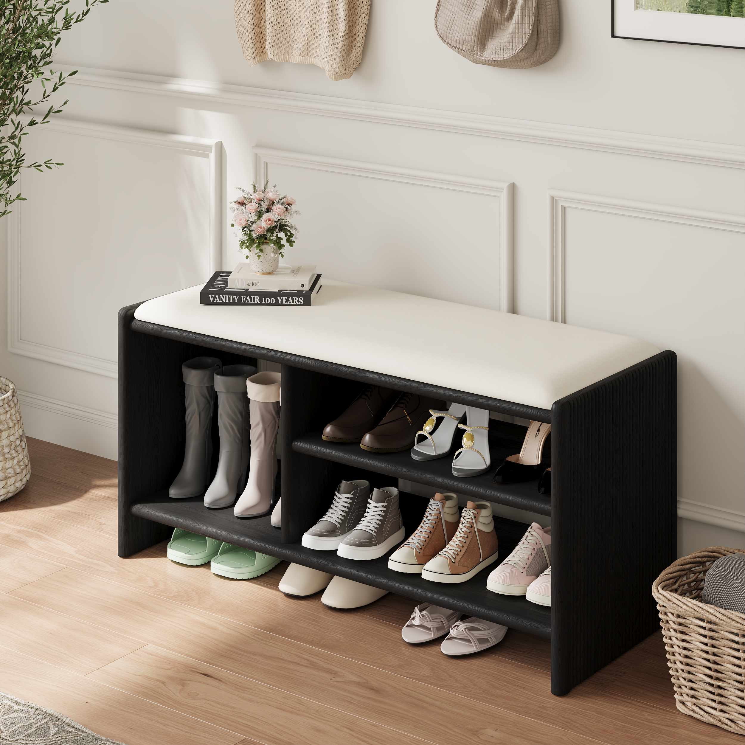 Modern Leather Upholstered Entryway Bench in Black Wood Shoe Storage (40'' Wide)