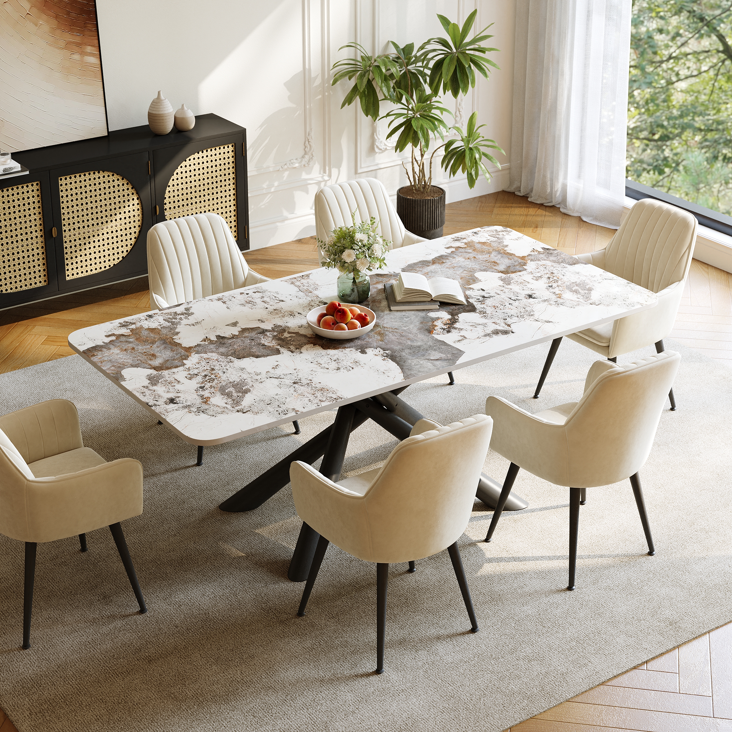 79" Modern Faux Marble Top Rectangle Dining Table with Stainless Steel Trestle