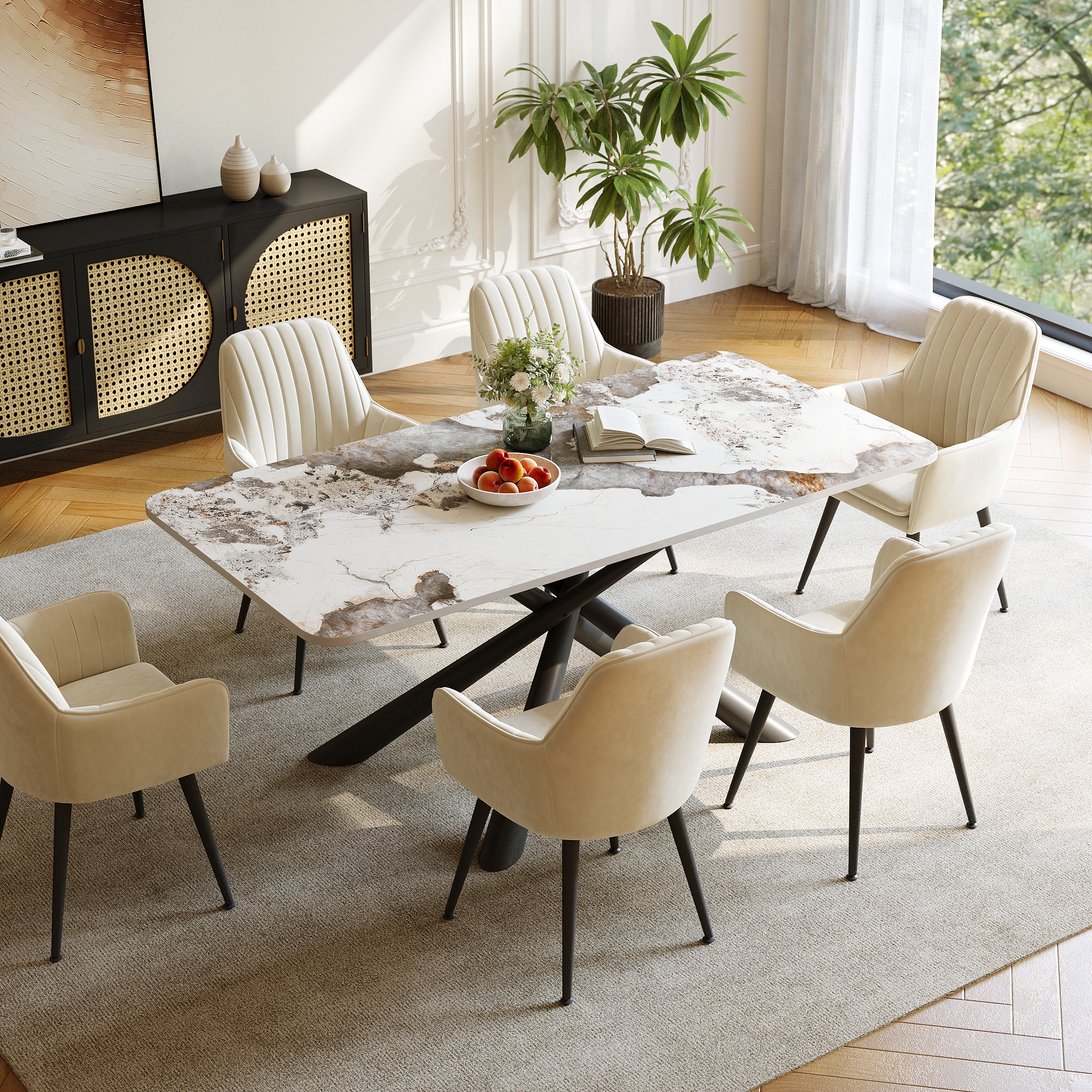 71" Modern Sintered Stone Top Rectangle Dining Table with Stainless Steel Trestle