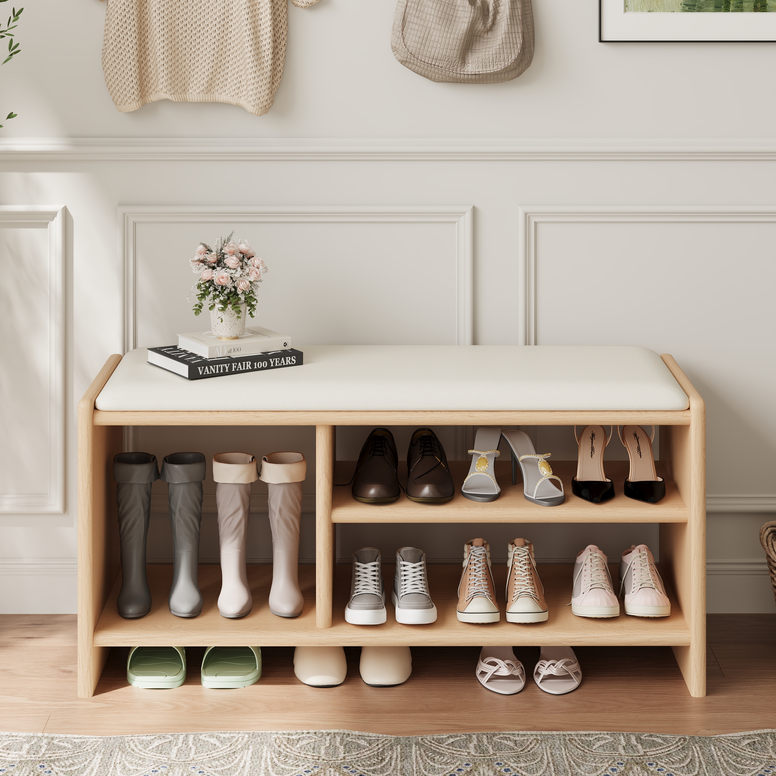 Modern Leather Upholstered Entryway Bench in Natural Wood Shoe Storage (40'' Wide)