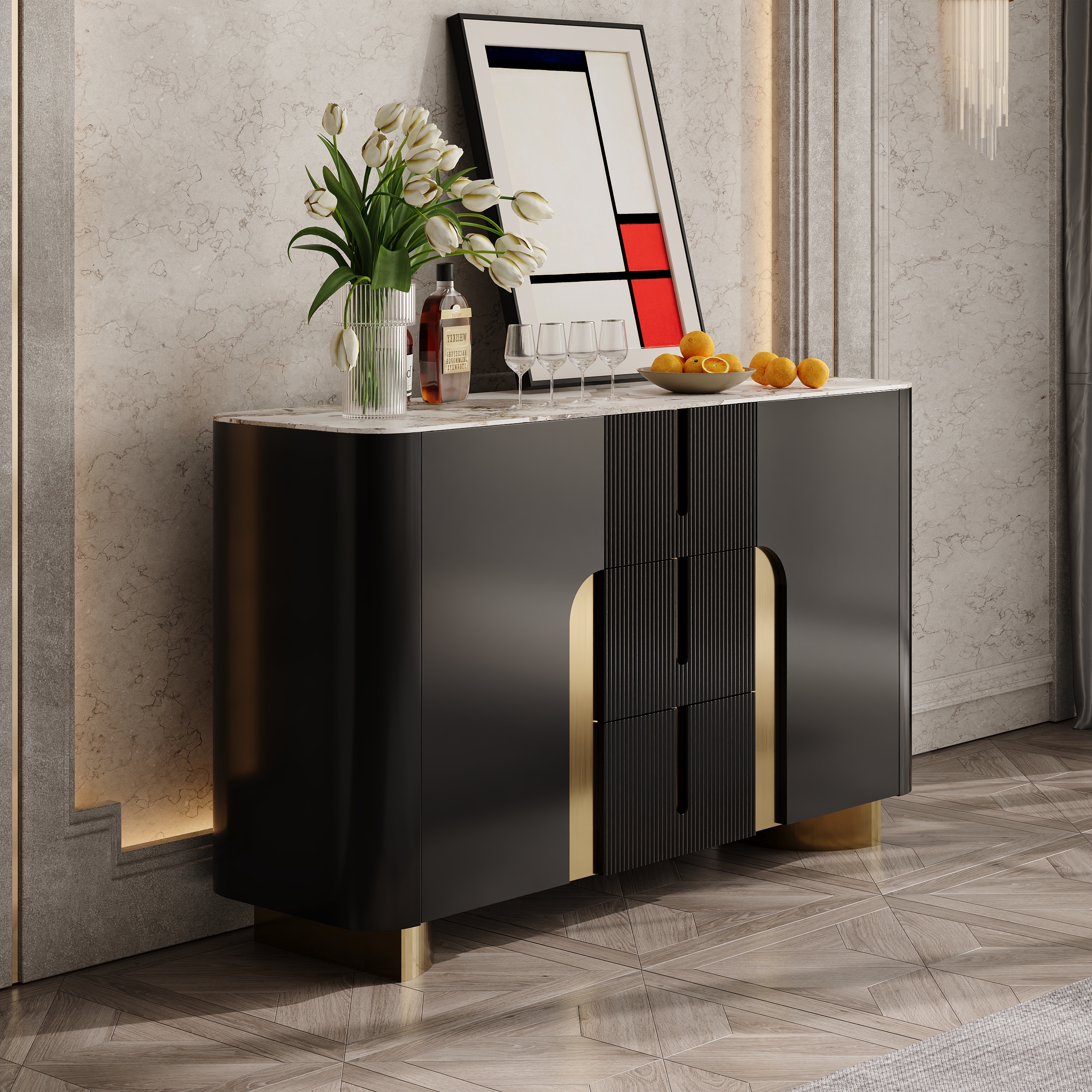 Artus Modern Matte Black 59"W Sintered Stone Sideboard 3 Drawers Kitchen Buffet Table