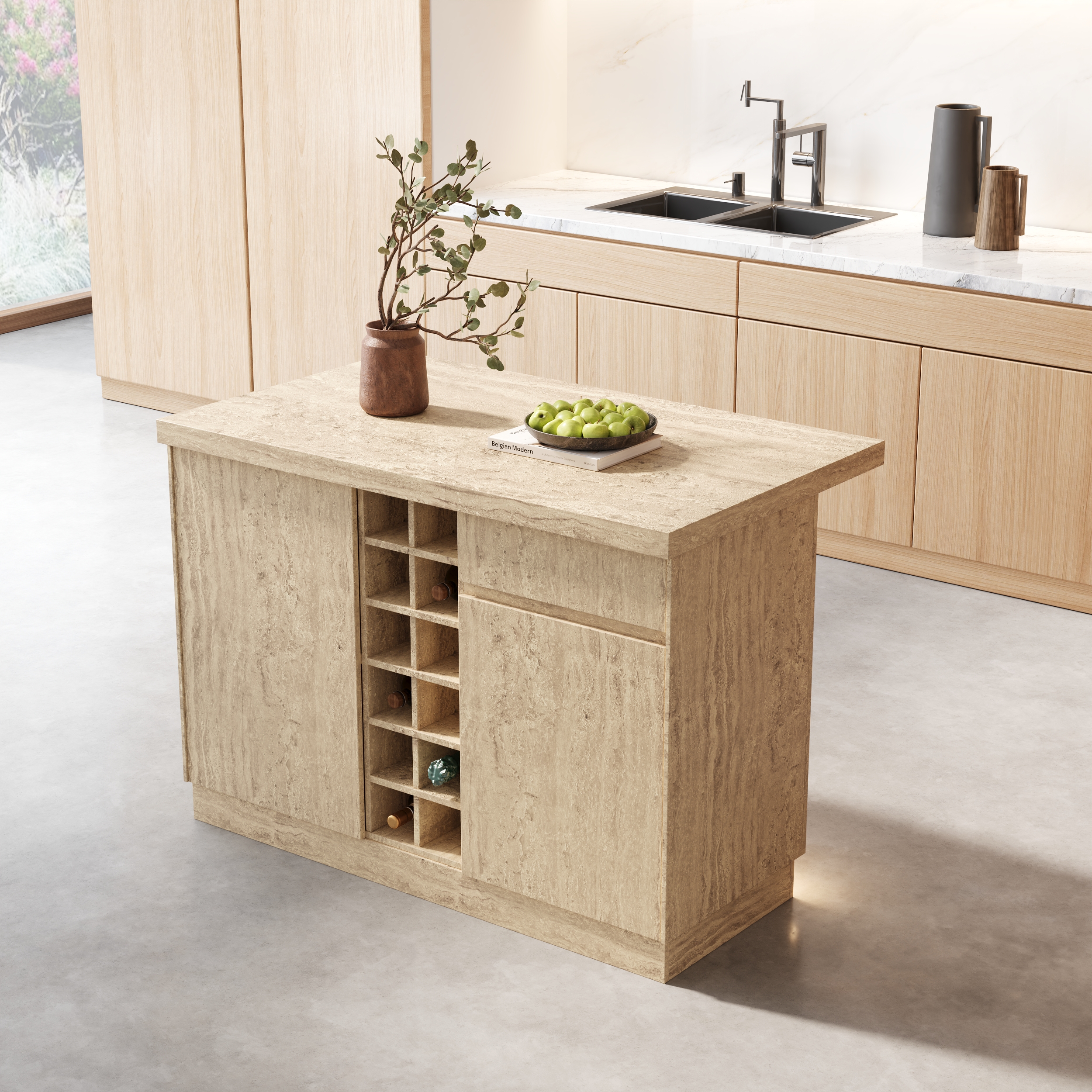 50" Kitchen lsland Wood with Storage & LED Light Matte Travertine Kitchen Cabinet