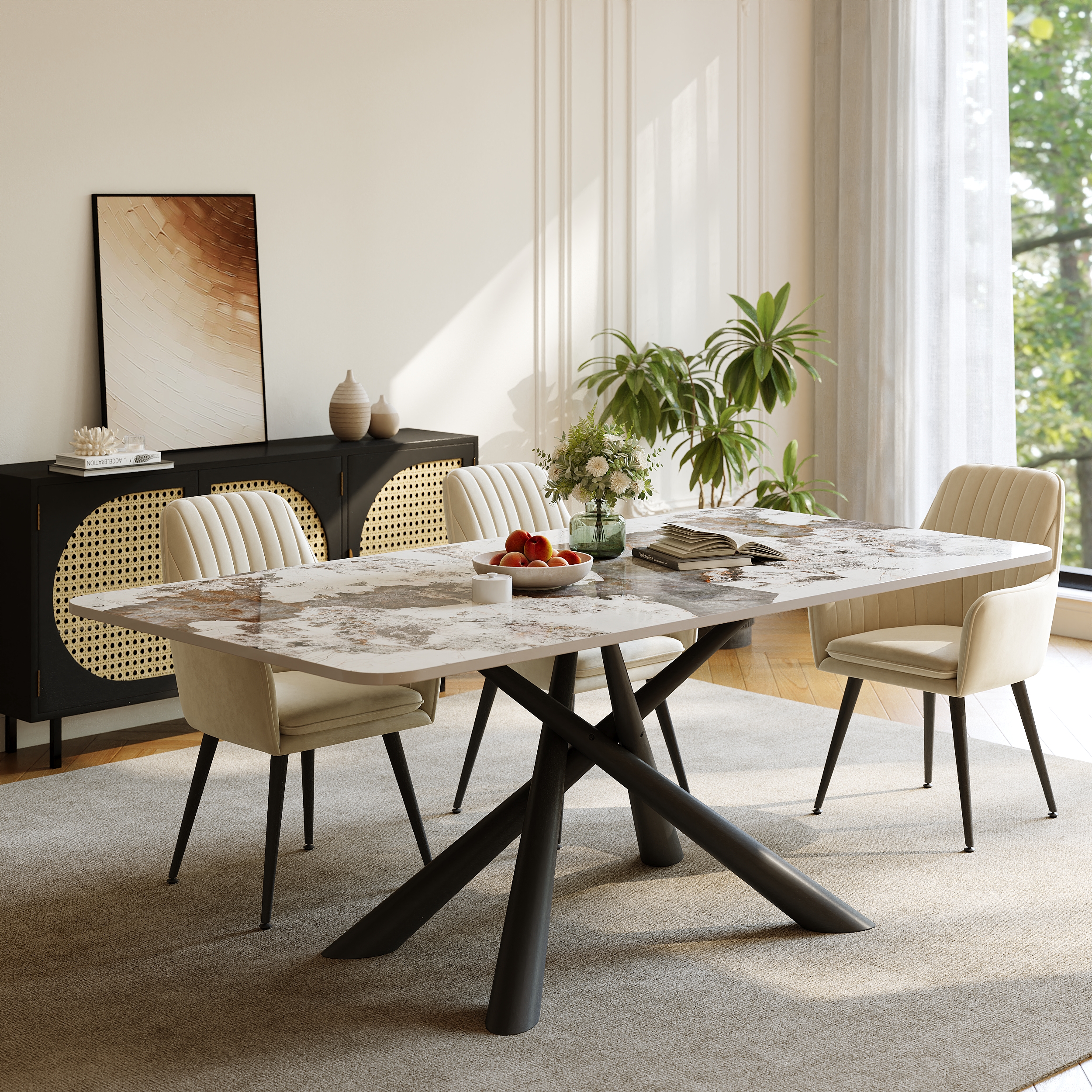 Mesa de comedor rectangular moderna de piedra de 2000 mm con caballete de acero inoxidable