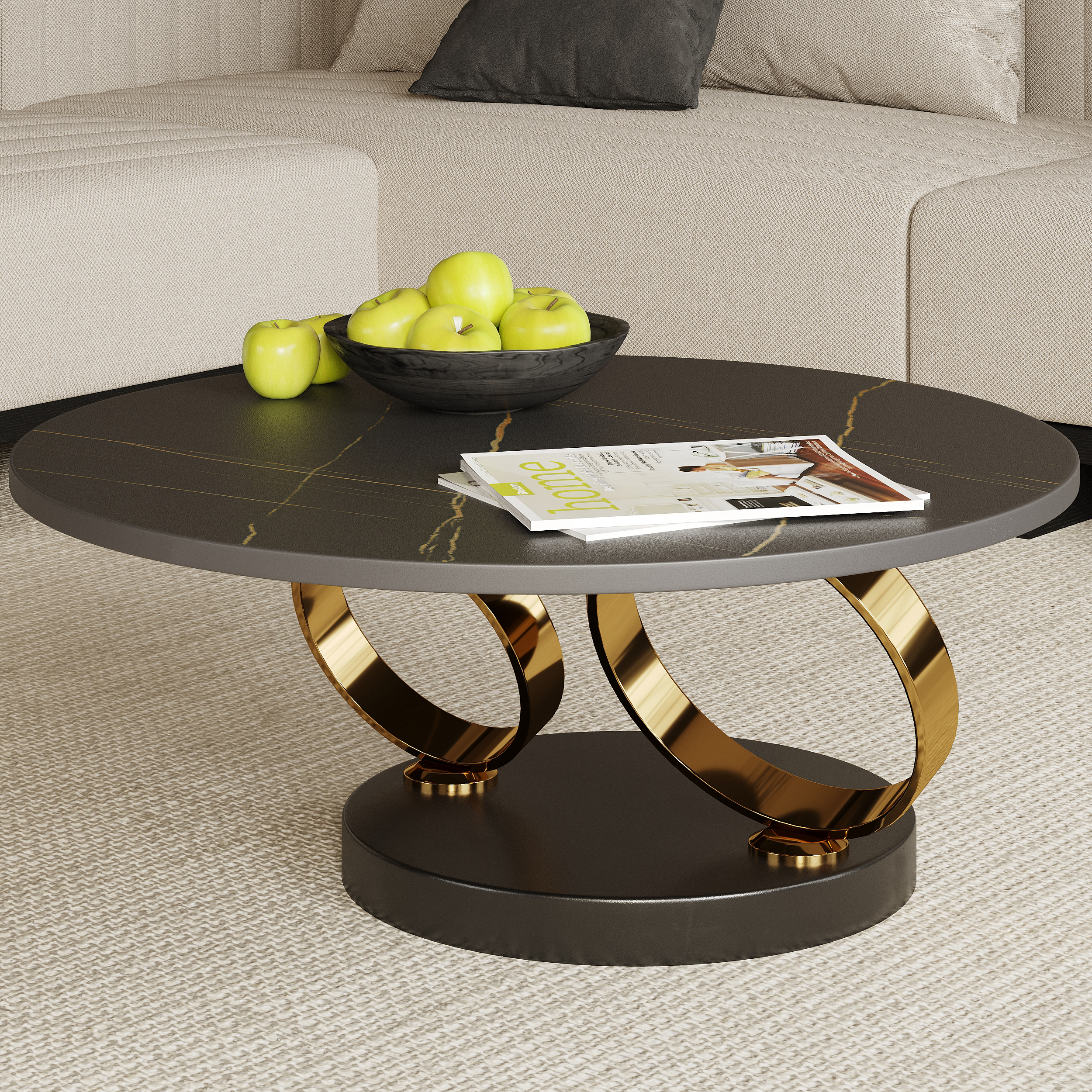 Modern Black Extendable Coffee Table with Ring-shaped Metal Pedestal