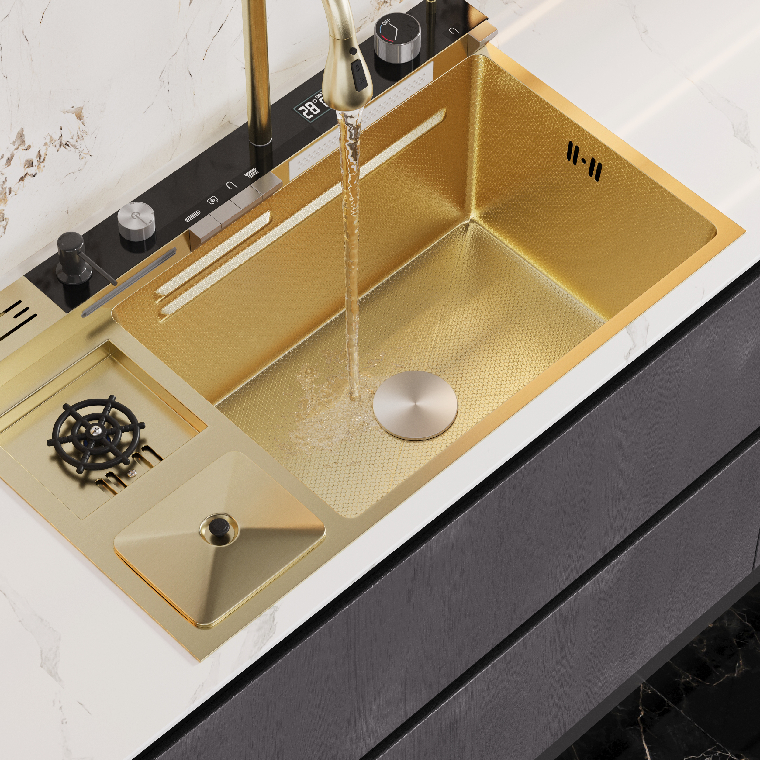 Multi-Function Stainless Steel Kitchen Sink 32.3" × 18.9" with Pull-Out Faucet